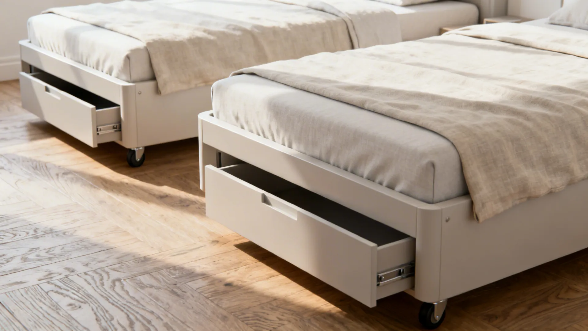 Twin low daybeds with under-bed drawers and slim mattresses in a small room