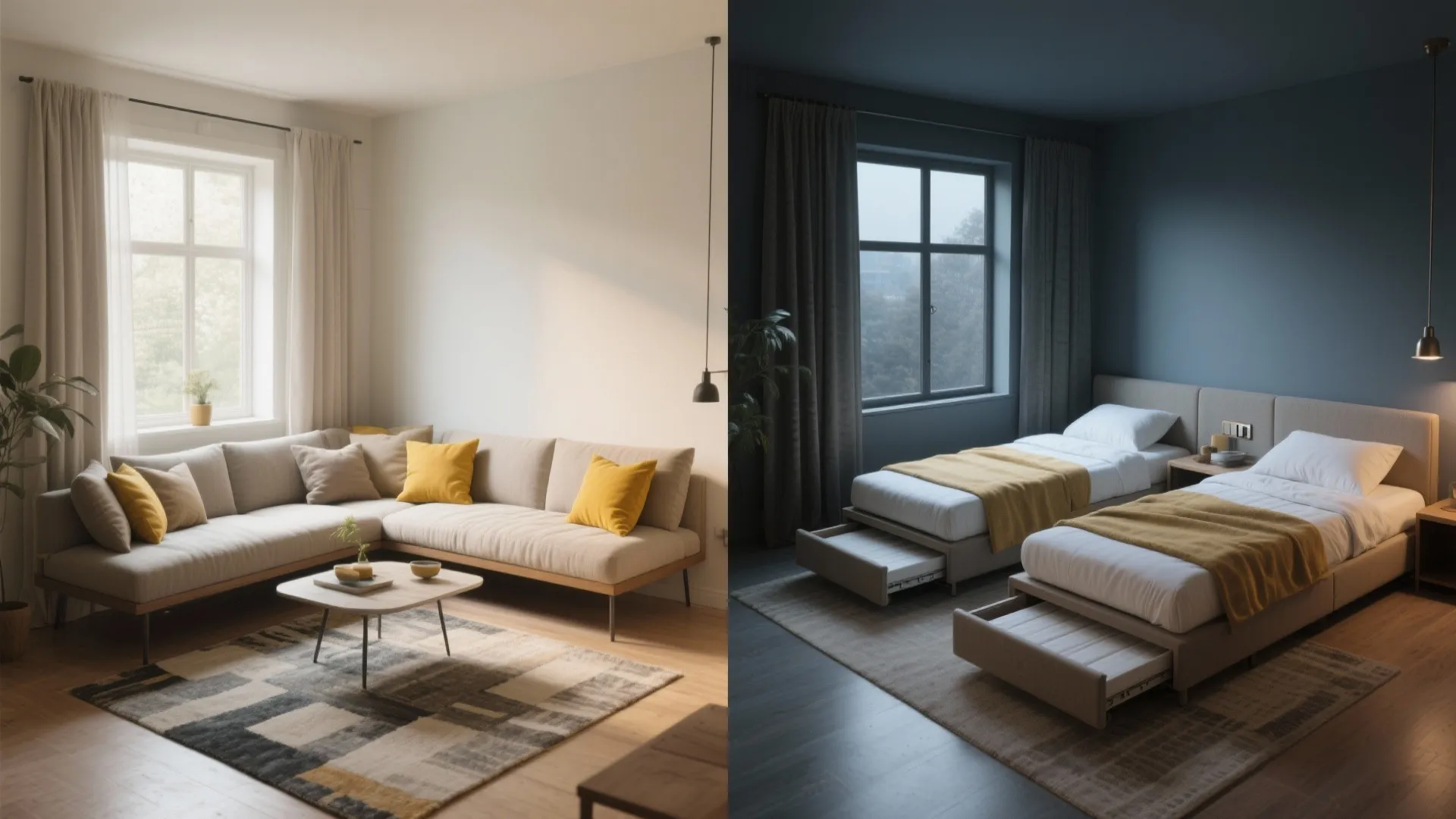 Split view showing a modern living room sofa and two single beds with pull-out drawers