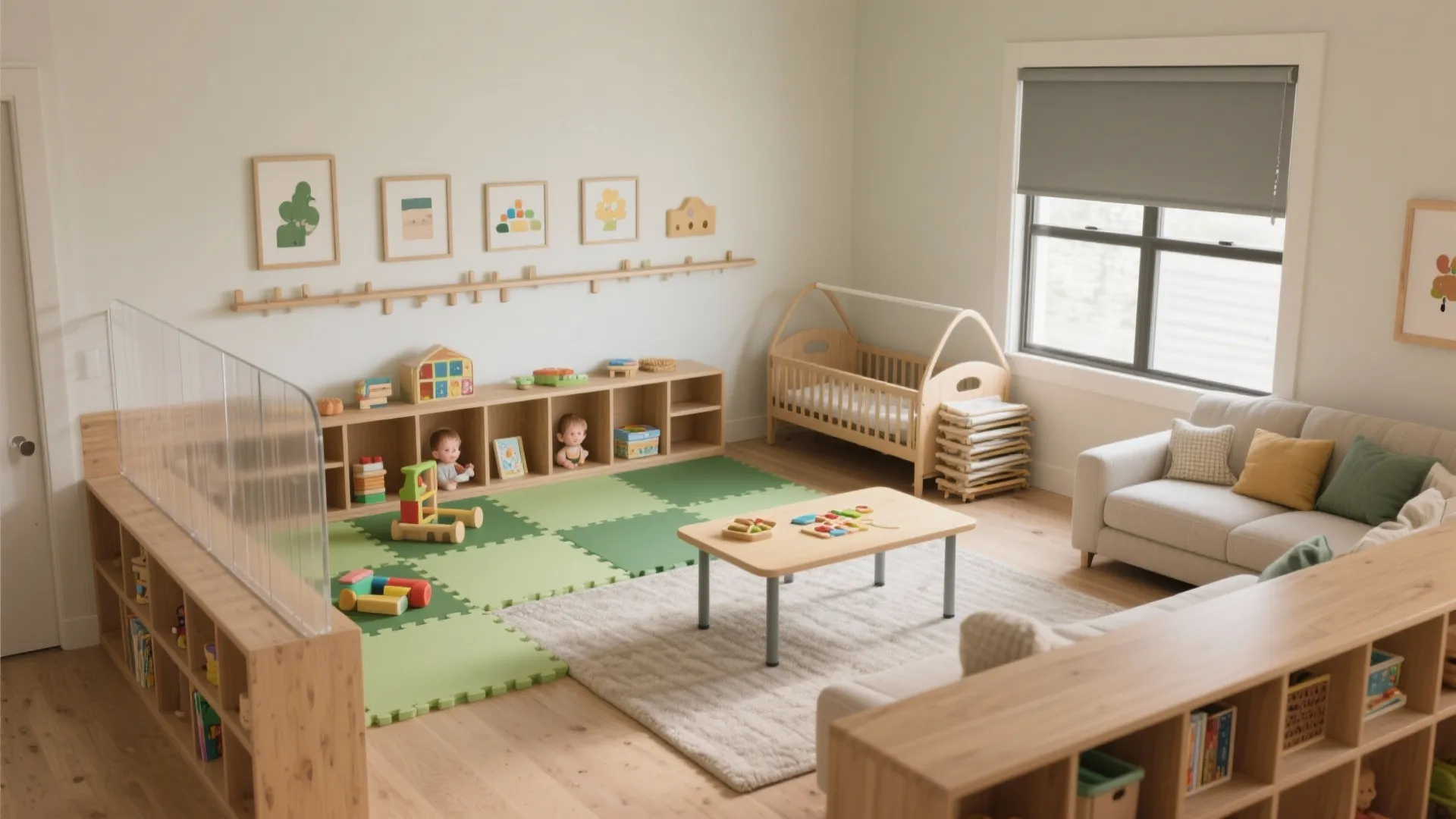 Modern daycare playroom with wooden storage shelves green play mats small table sofa and natural light