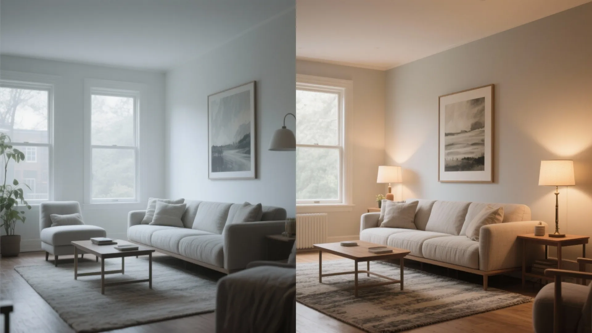 Comparison showing living room interior design with natural daylight versus warm artificial light fixture lighting