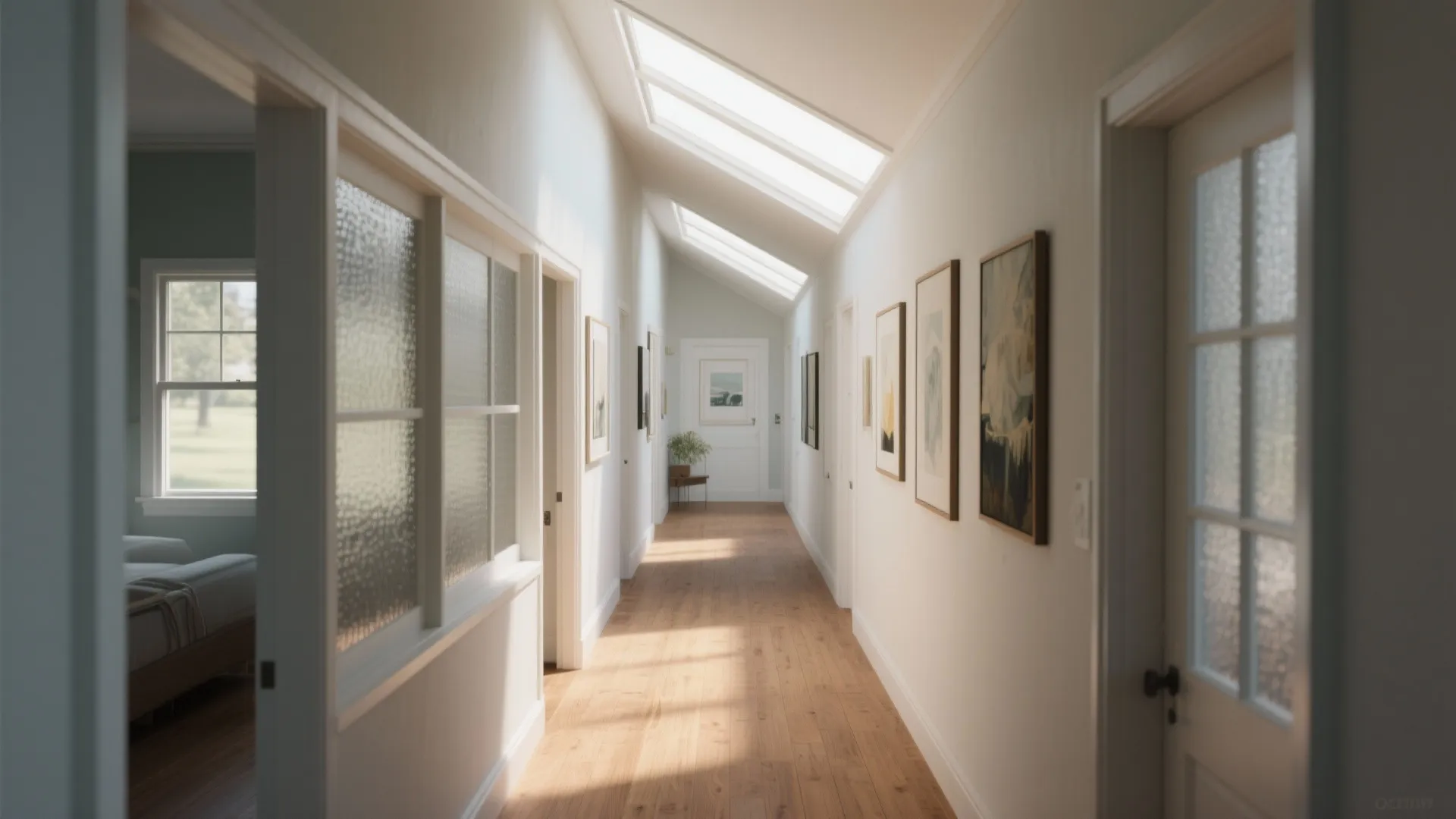 Bright hallway with wood flooring white walls roof windows framed art and natural morning light
