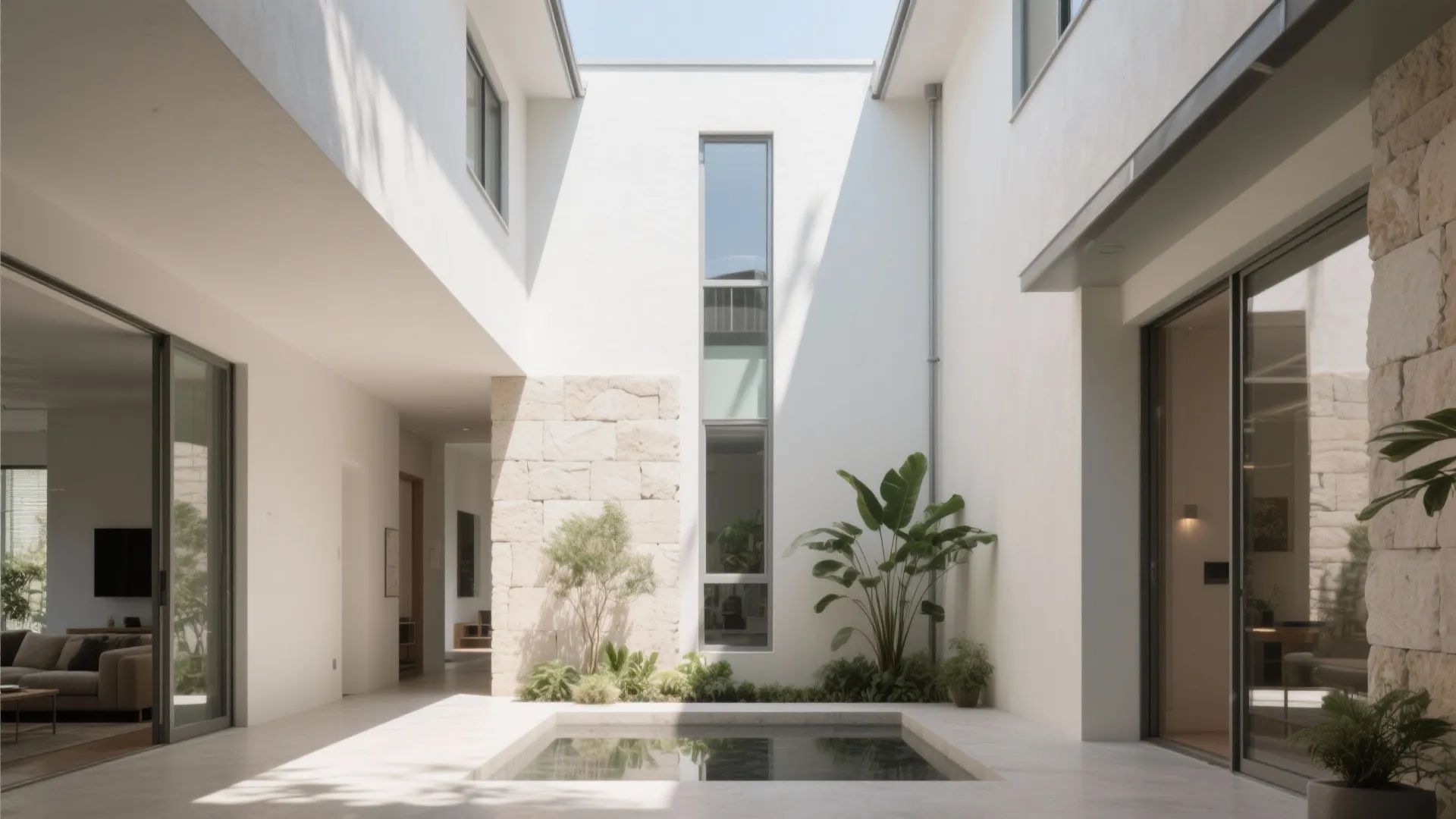 Central courtyard and light well bringing soft daylight into a deep-plan corridor.