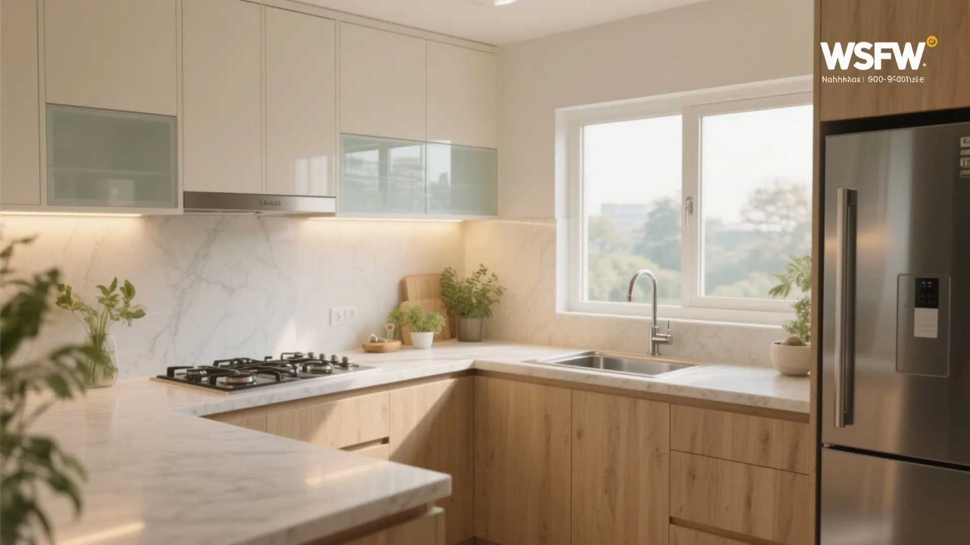 3) A daylight-first kitchen with reflective but warm finishes