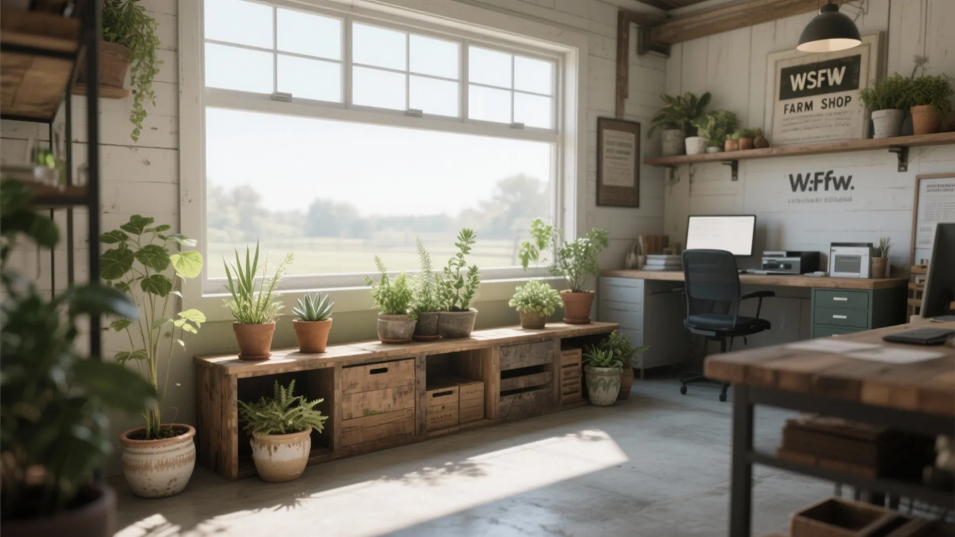 Bright home workspace with wooden desk office chair many potted plants and a large bright window