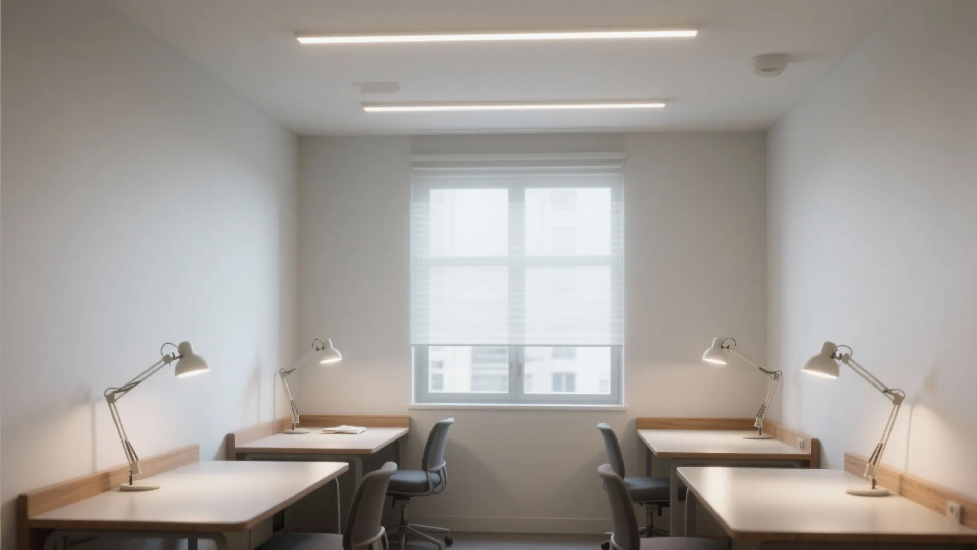Minimalist white office space with four desks and table lights near a window with blinds