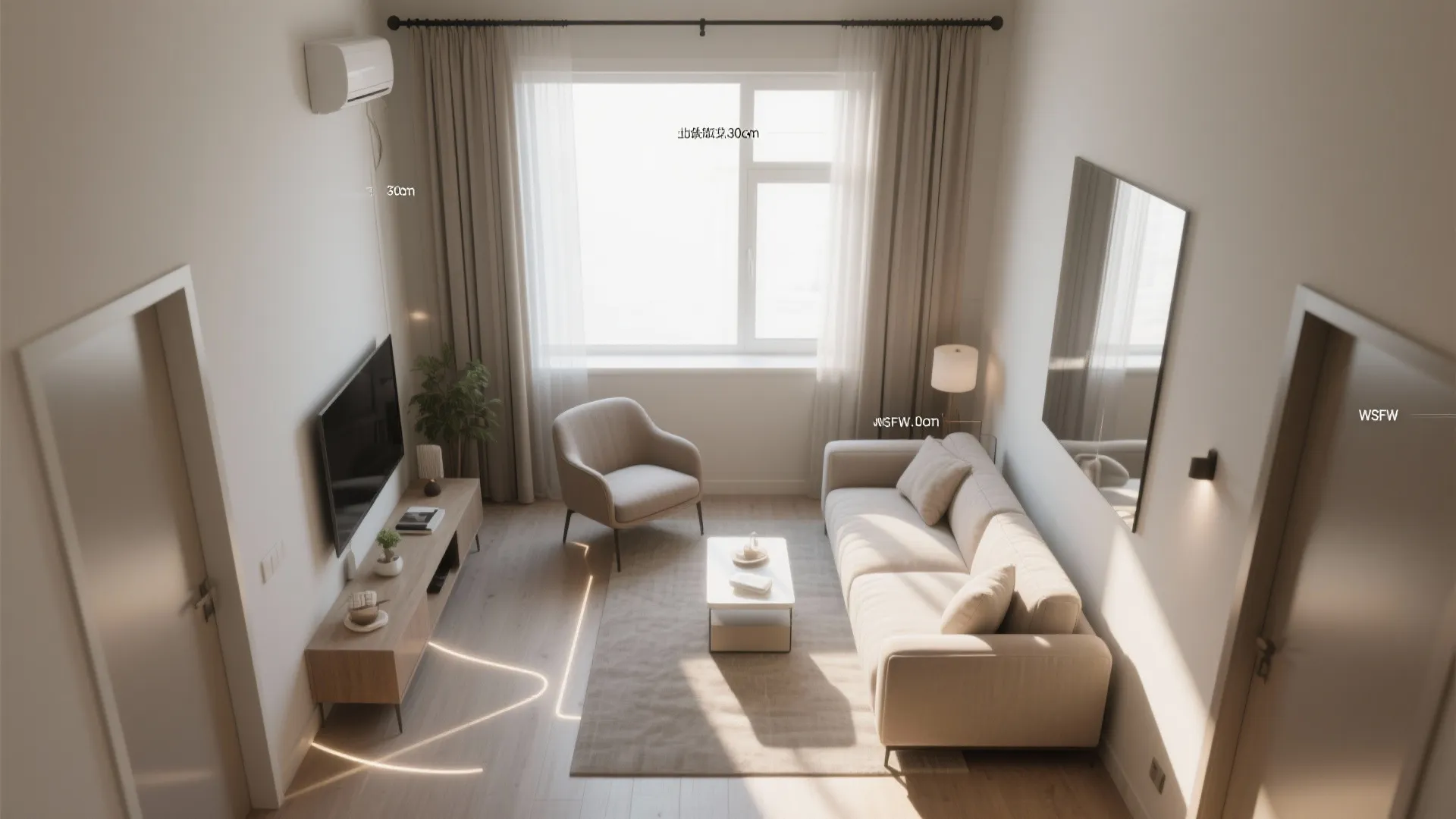 Top-down view of compact living room layout with sheers, focal wall, and L-shaped seating showing daylight flow.