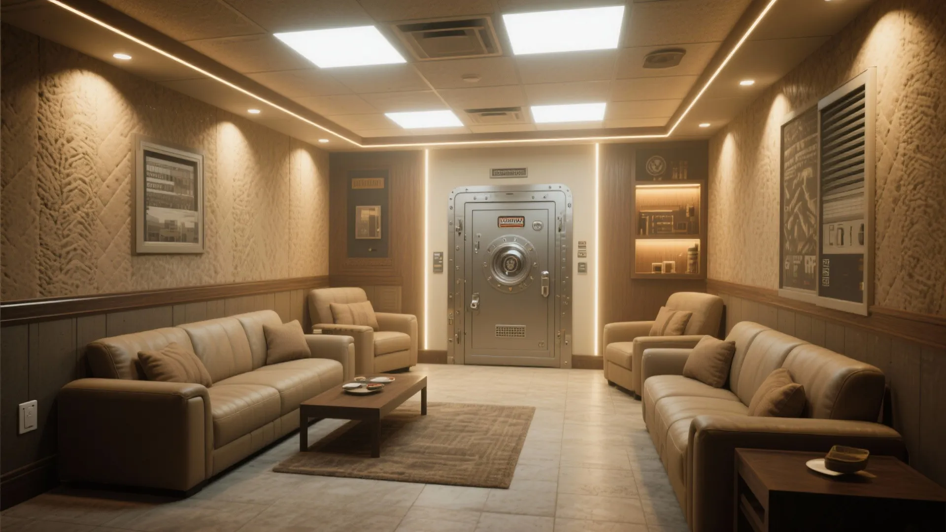 Basement safe room with LED lighting that mimics daylight
