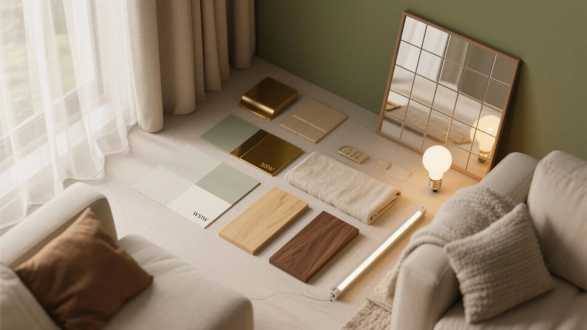 Floor flatlay with wood samples, color tiles, mirror, light bulb, and soft fabrics by window