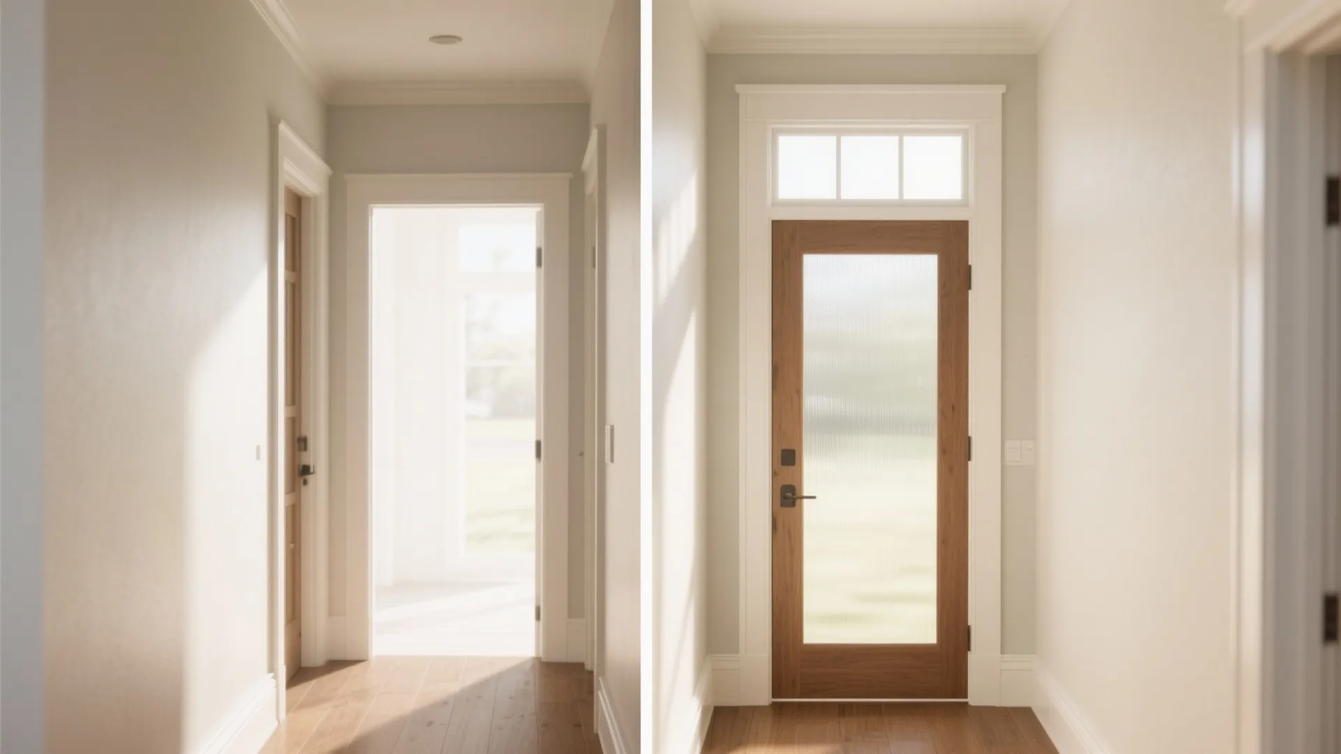 Split-view comparing a narrow doorway to a wide cased opening with a transom, illustrating improved daylight and sightlines.