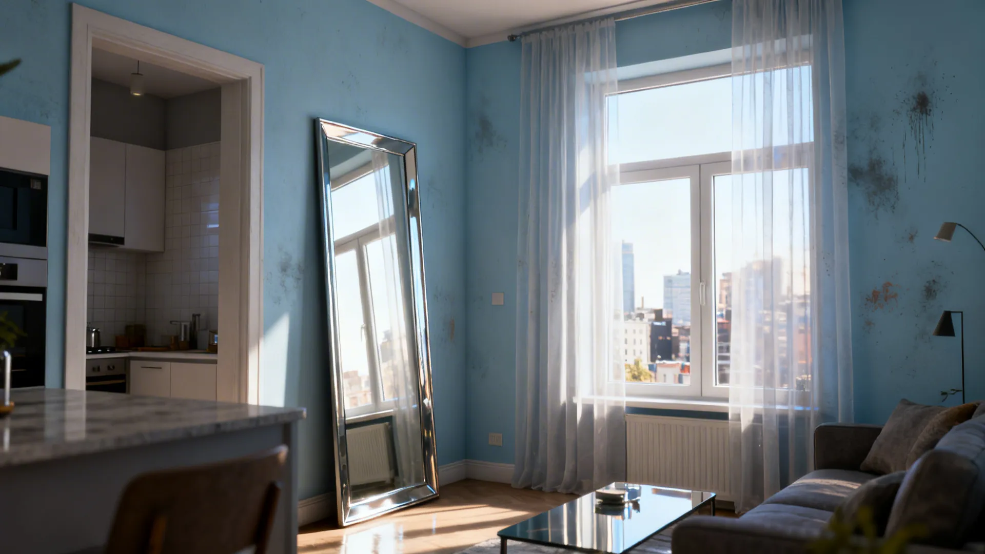 Blue living room with large floor mirror next to window with white curtains and sofa