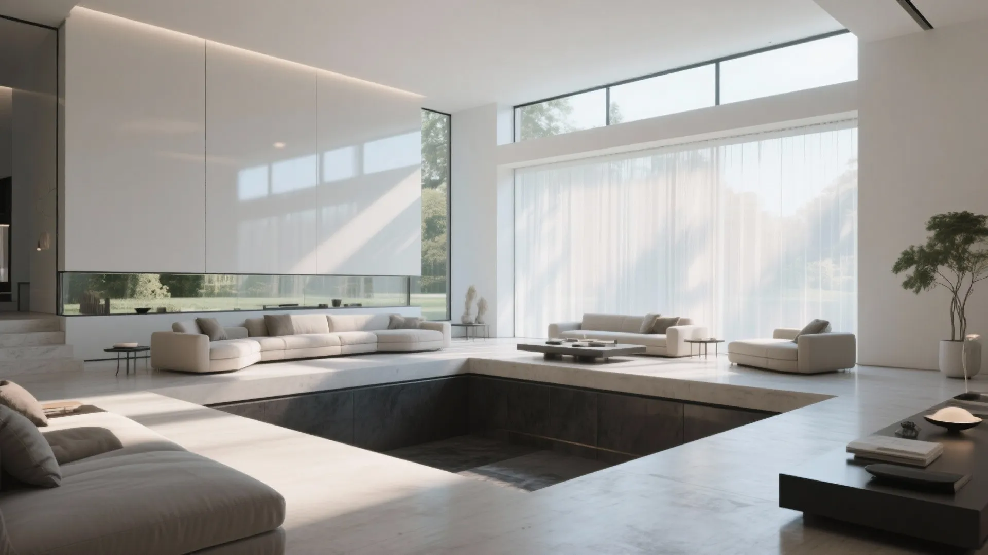 Modern white living room featuring a large sunken seating area with neutral sofas and natural light