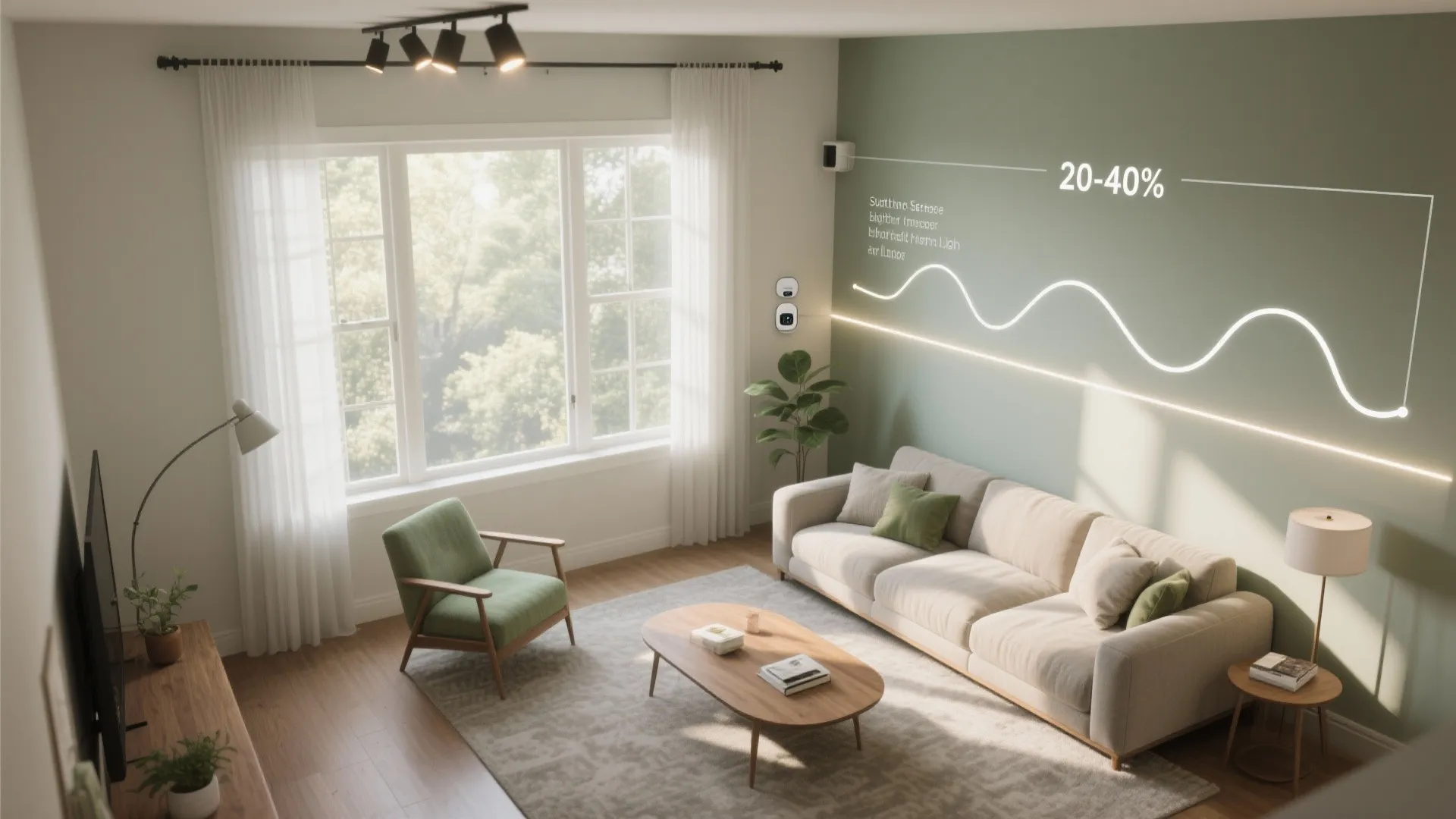 Top-down view of a south-facing living room using a daylight sensor to softly dim ceiling lights.