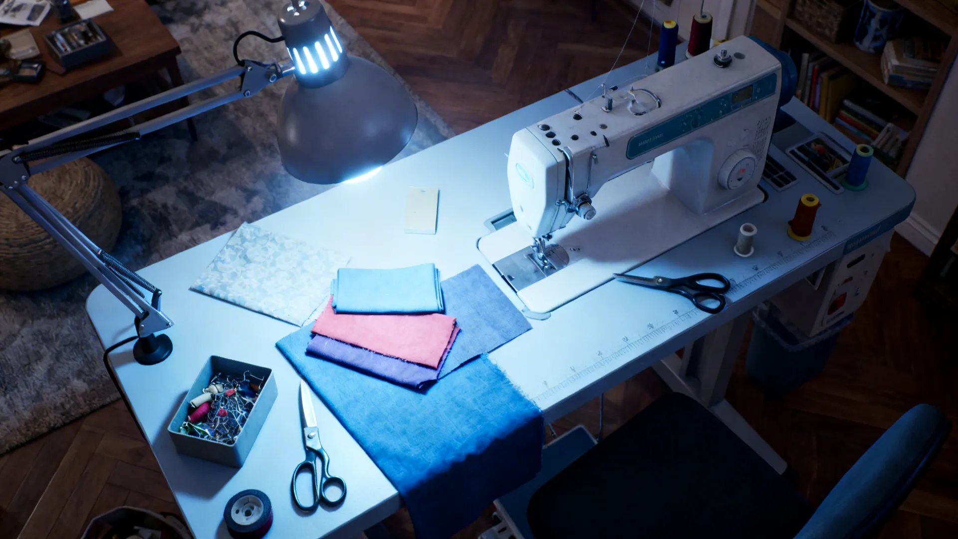 Top-down view of a living room task station lit by daylight bulbs for accurate color and focus.