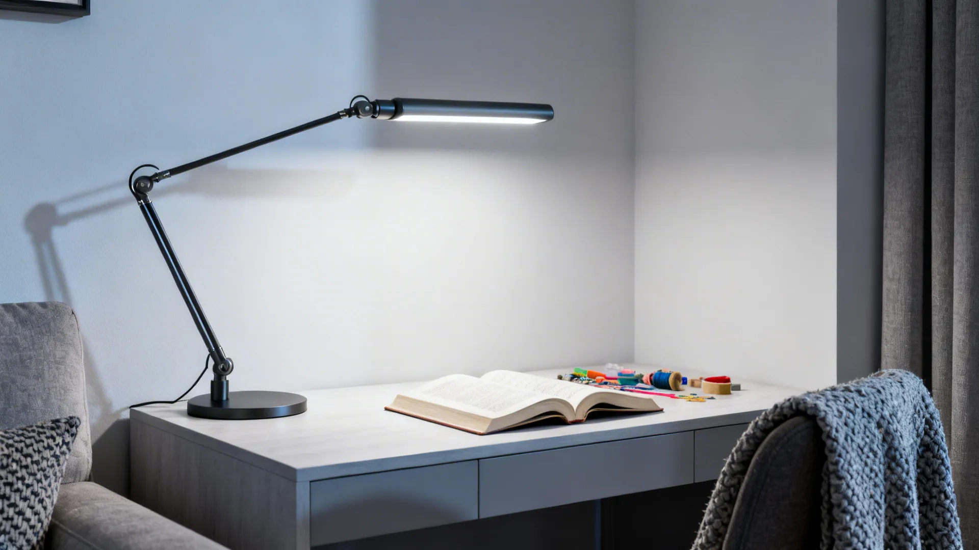 Reading nook lit by cool daylight task lamp for clear, accurate color and focus.