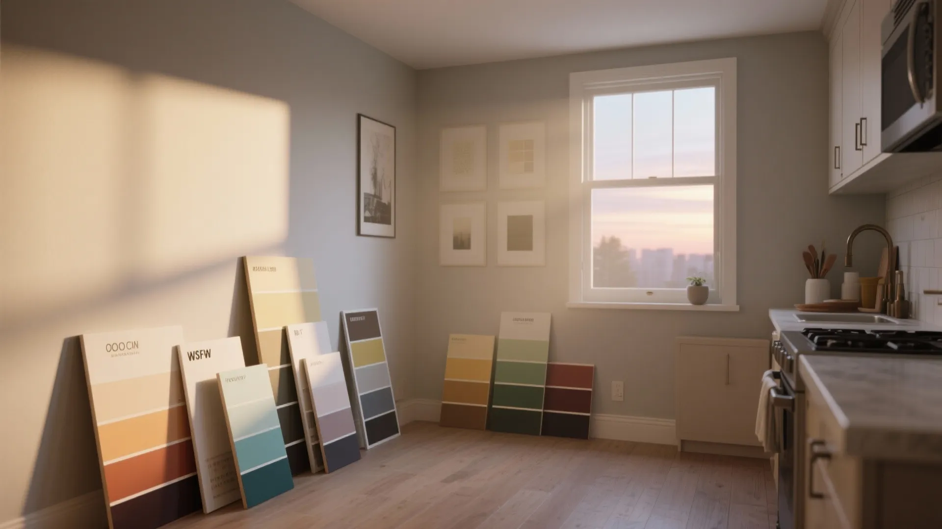Kitchen interior with paint color boards on the floor and warm sunlight from a window