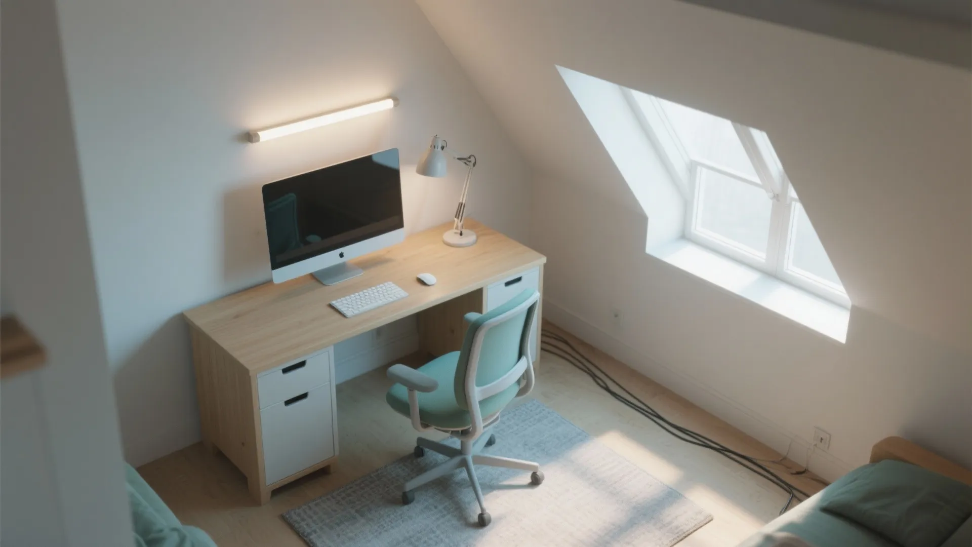 Modern attic home office with wooden desk blue chair computer and natural light from roof window