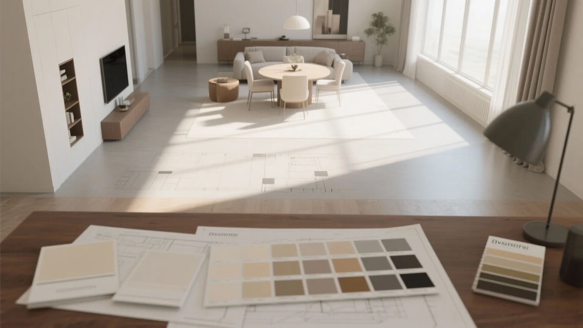 Modern living room layout with round dining table and color palettes on a wooden desk