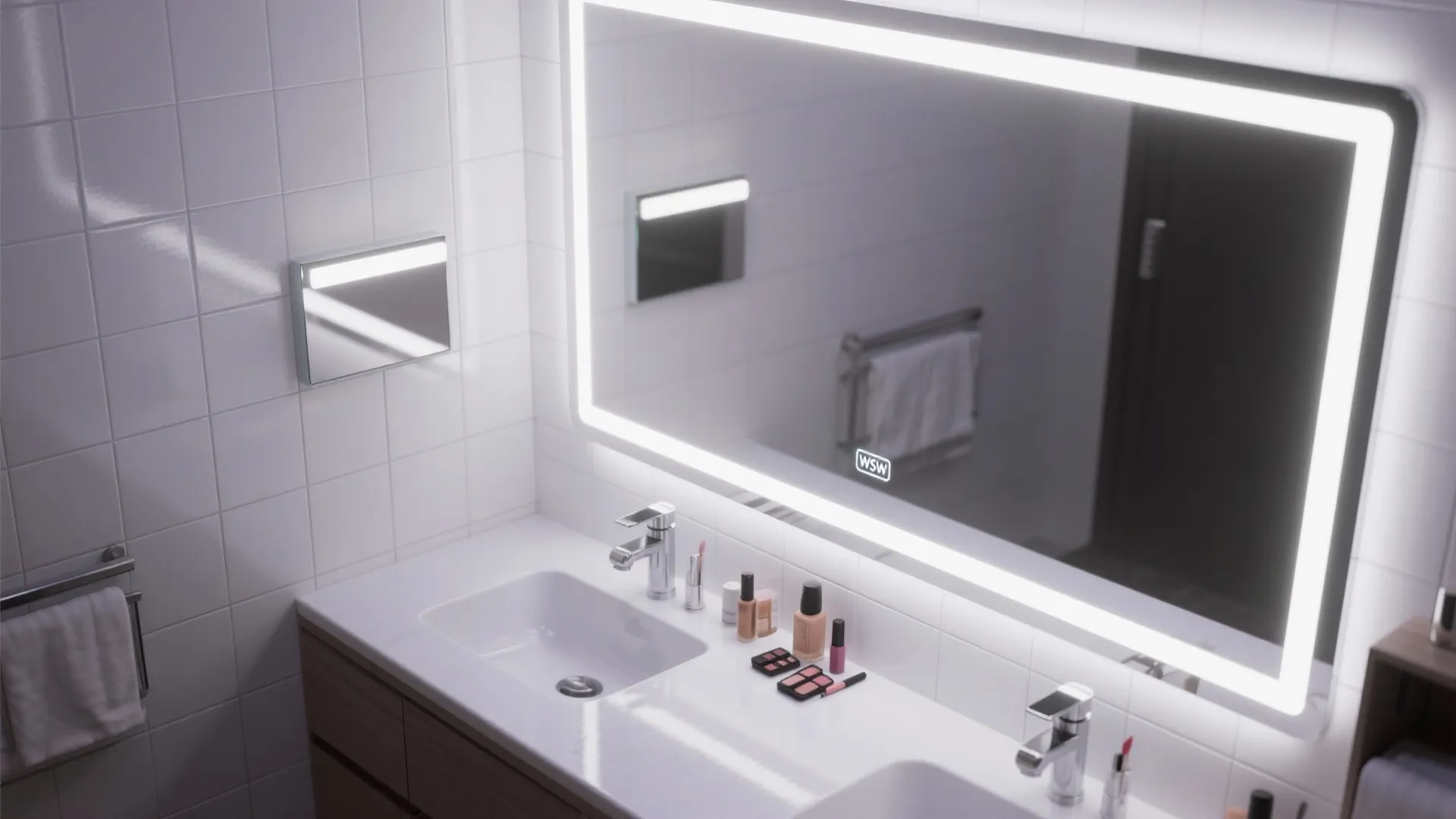 Modern bathroom vanity with white sink cosmetics and a large light fixture mirror with lights