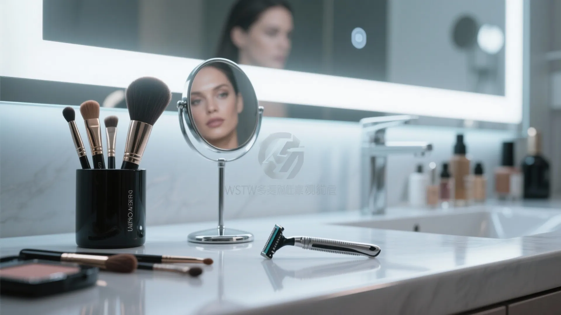 Modern bathroom counter with makeup brushes in holder small mirror razor and bright backlit wall mirror