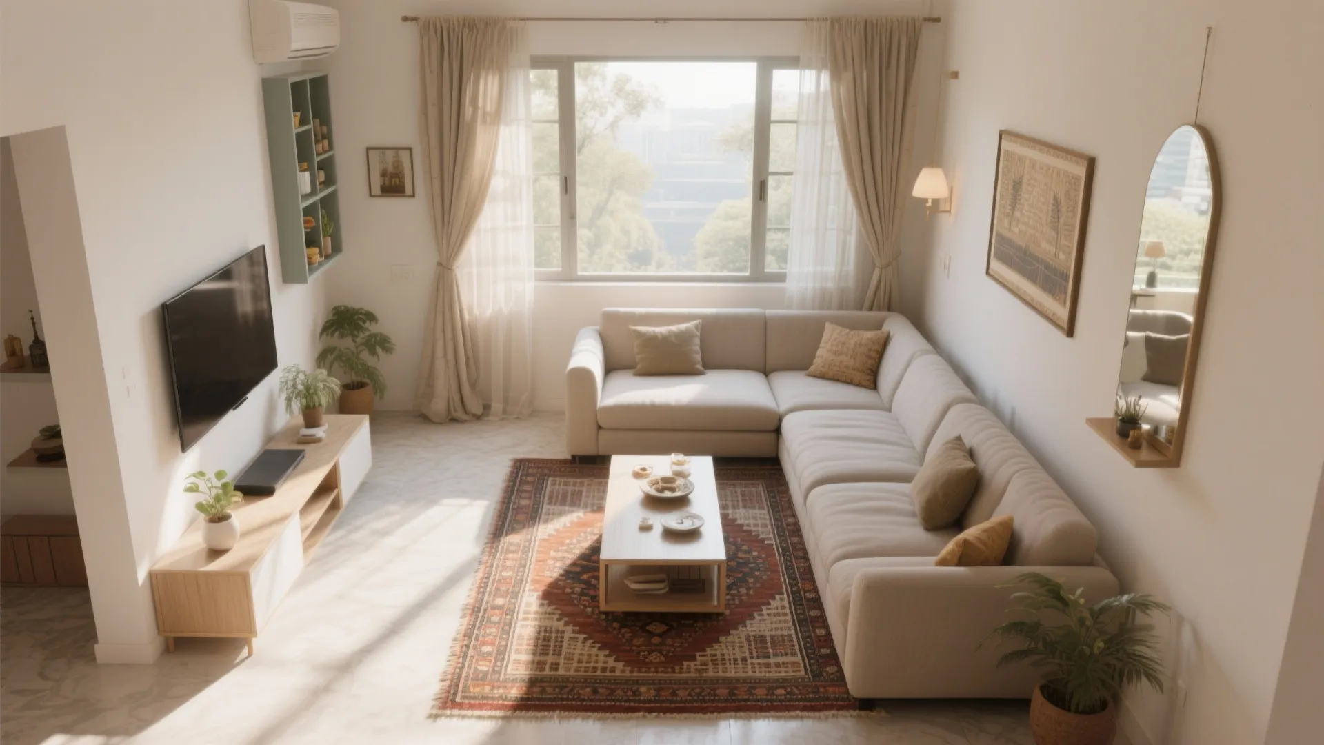 Bright living room with large corner sofa wooden coffee table rug and sunlight from windows