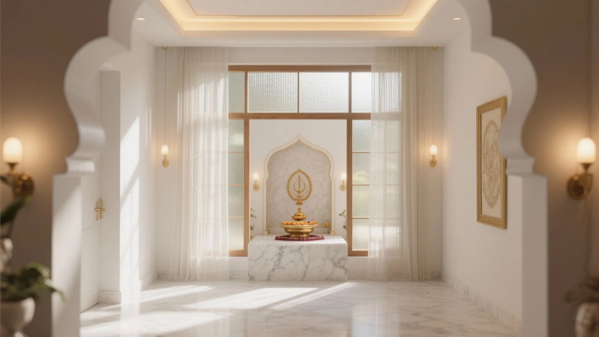 Interior design drawing of white room with marble floor large windows and gold wall lights