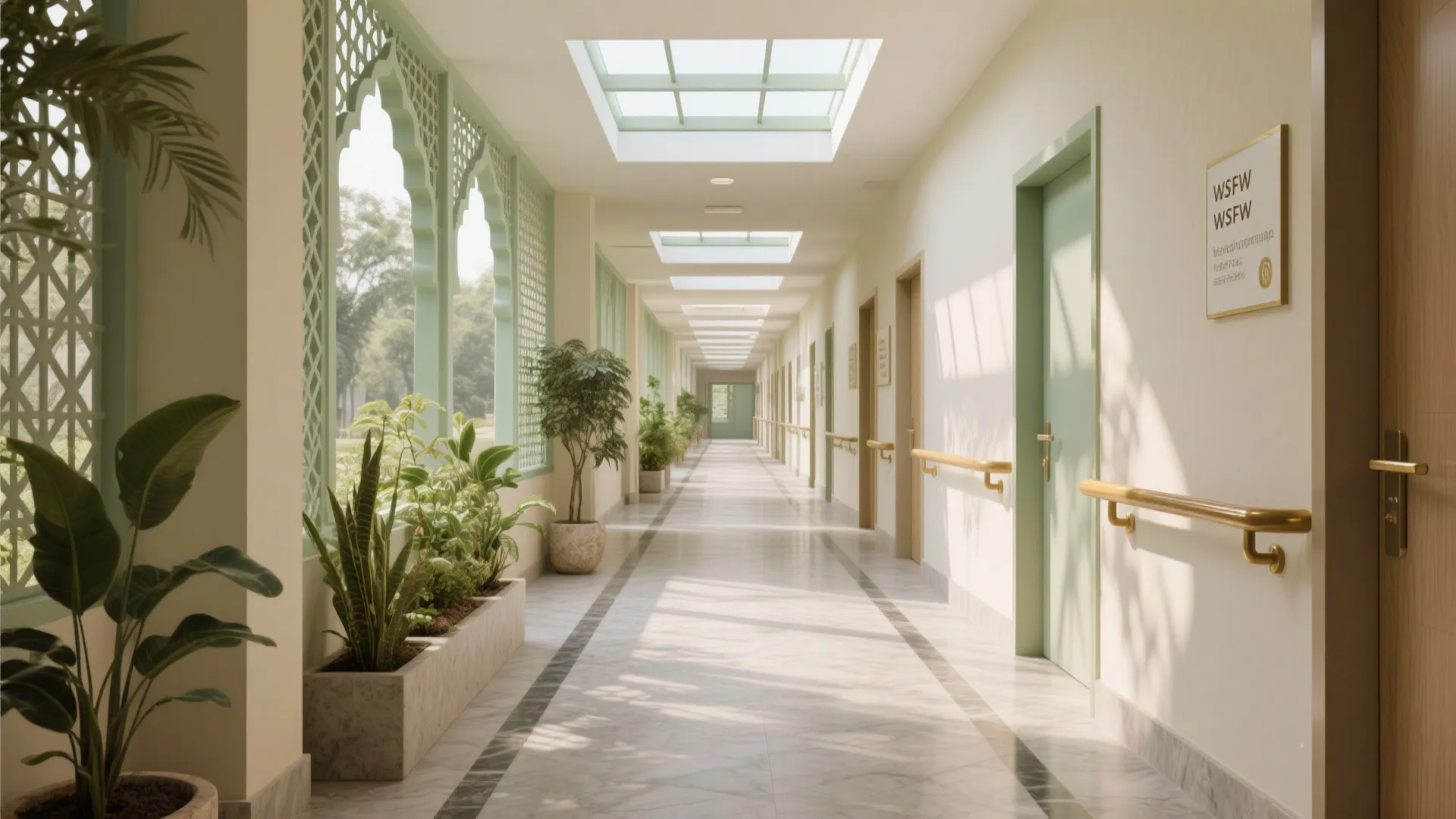 Biophilic calm with daylit corridors