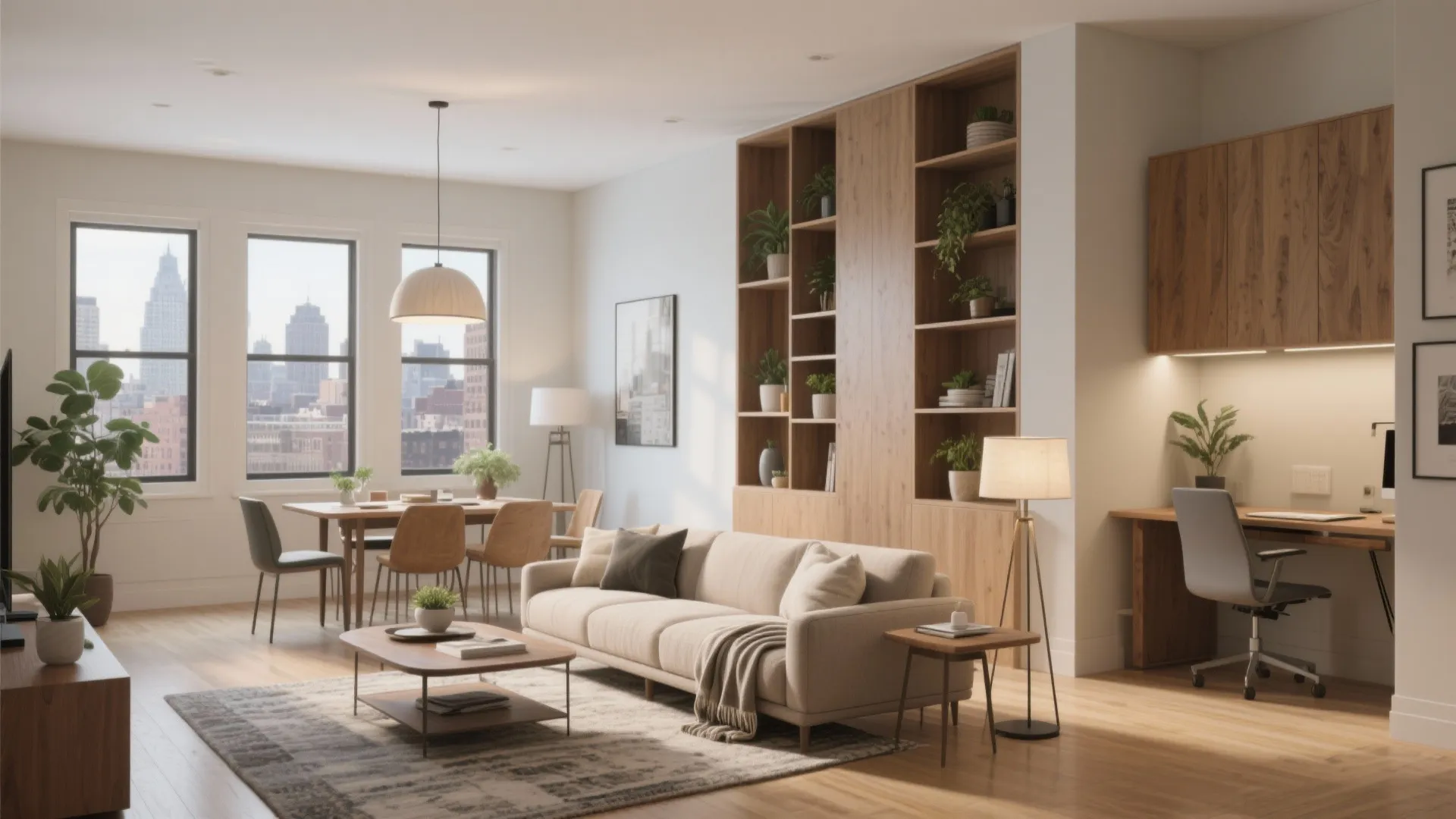 Modern open plan living room with cream sofa wood shelving unit dining table and work desk