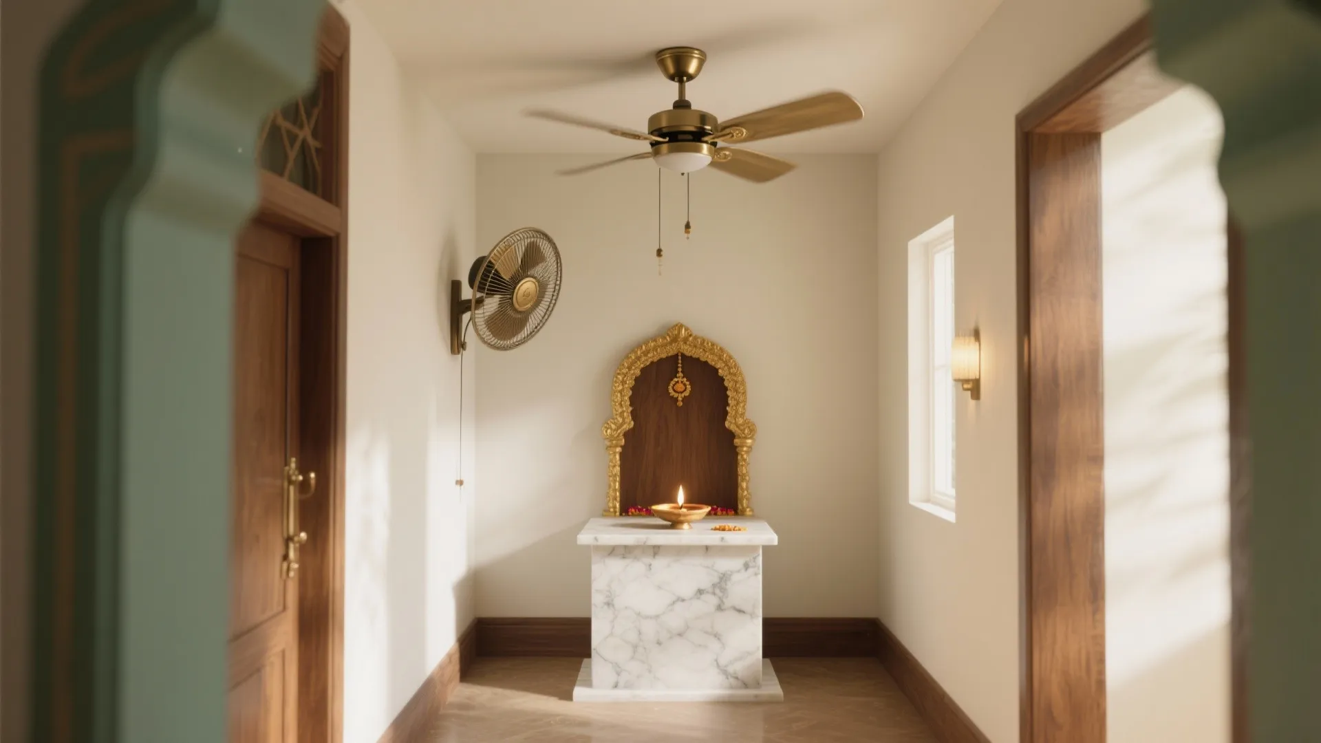 Small pooja nook with a low-profile 26-inch ceiling fan offset from the altar, airflow skimming past a calm diya.