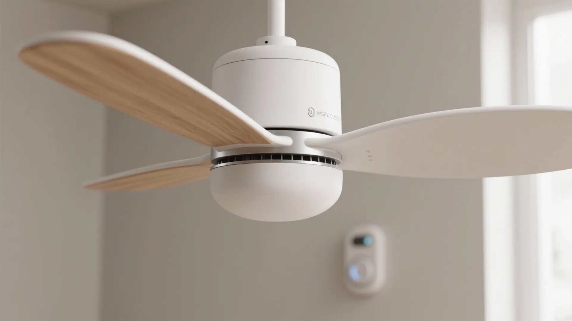 Close up view of white ceiling fan with wooden blades and integrated light fixture indoors