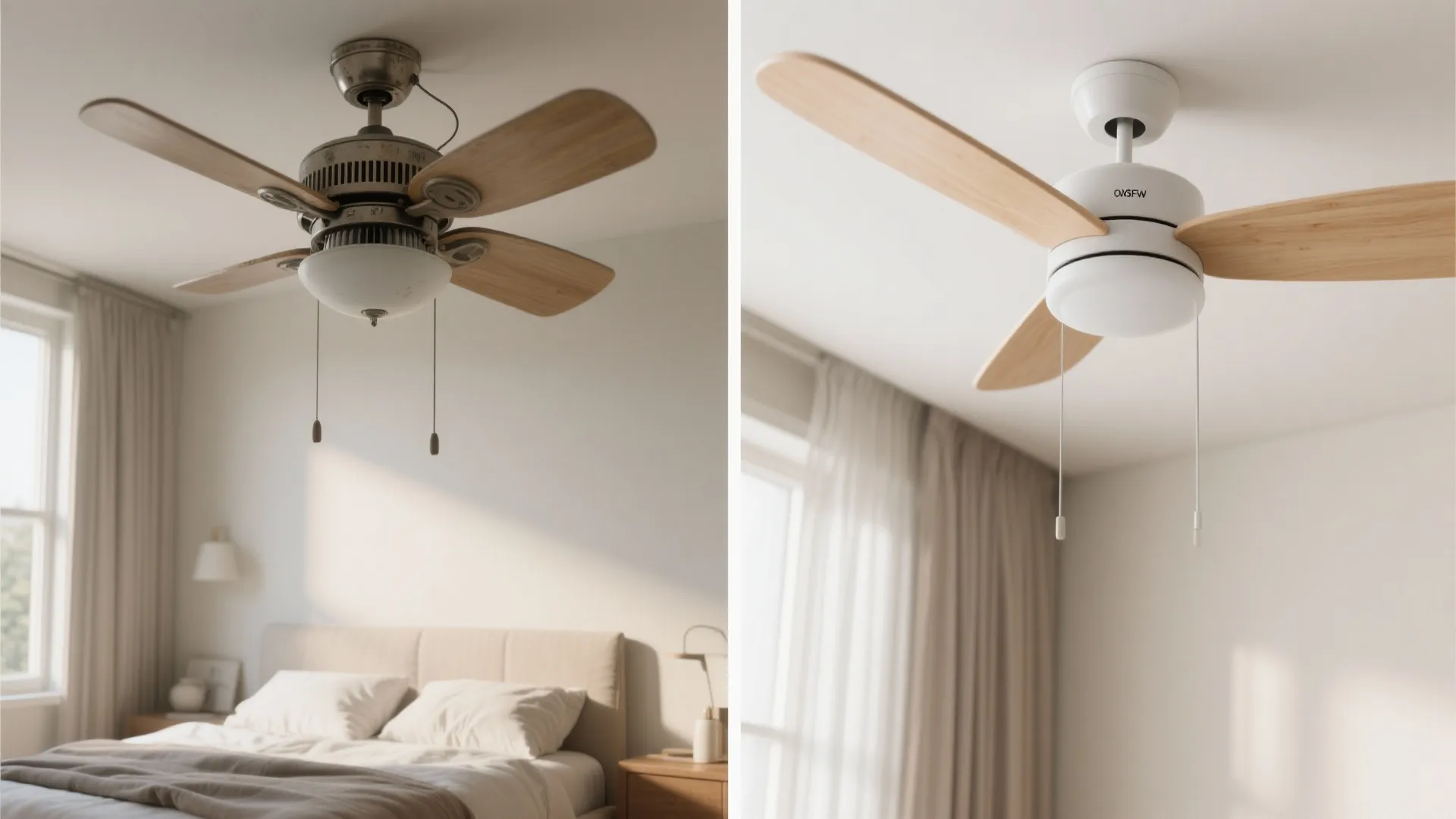 Comparison of traditional metal ceiling fan and modern white ceiling fan with light in bedroom