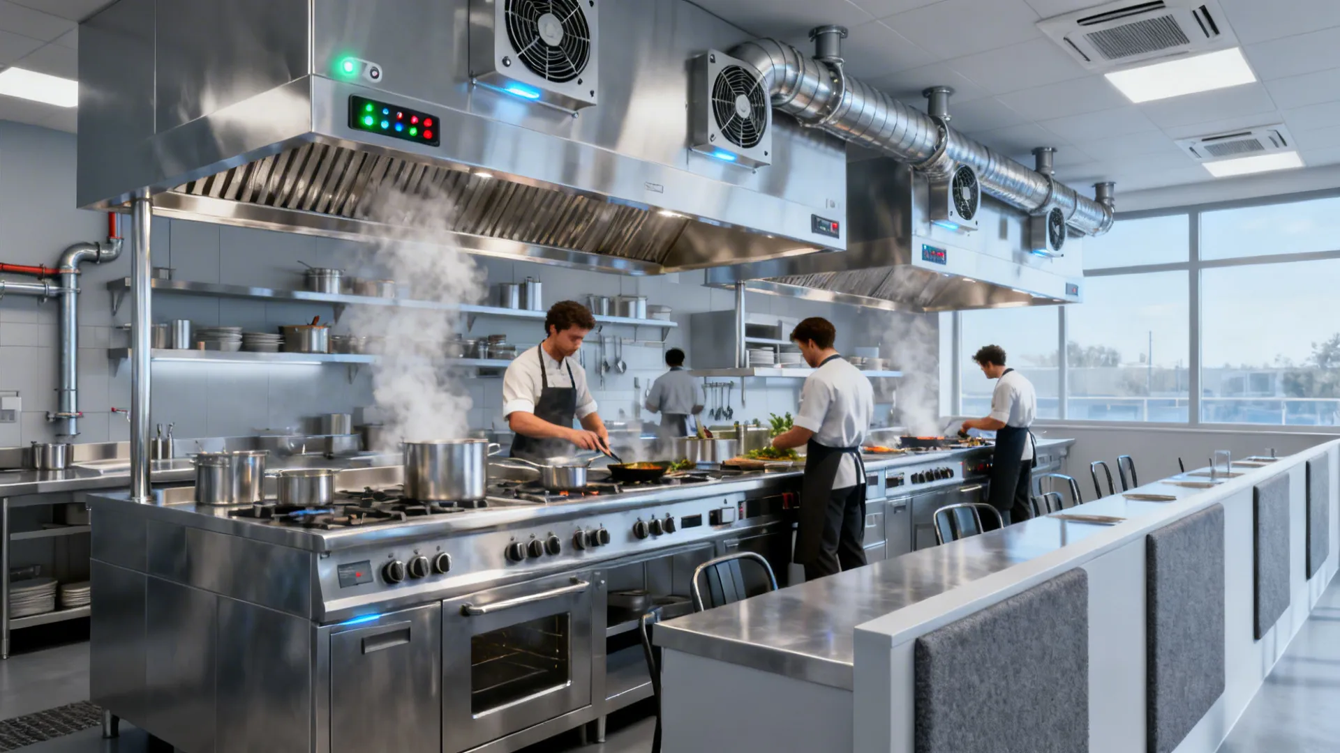 Compact cook line with right-sized hoods, DCKV sensors, and comfortable make-up air.