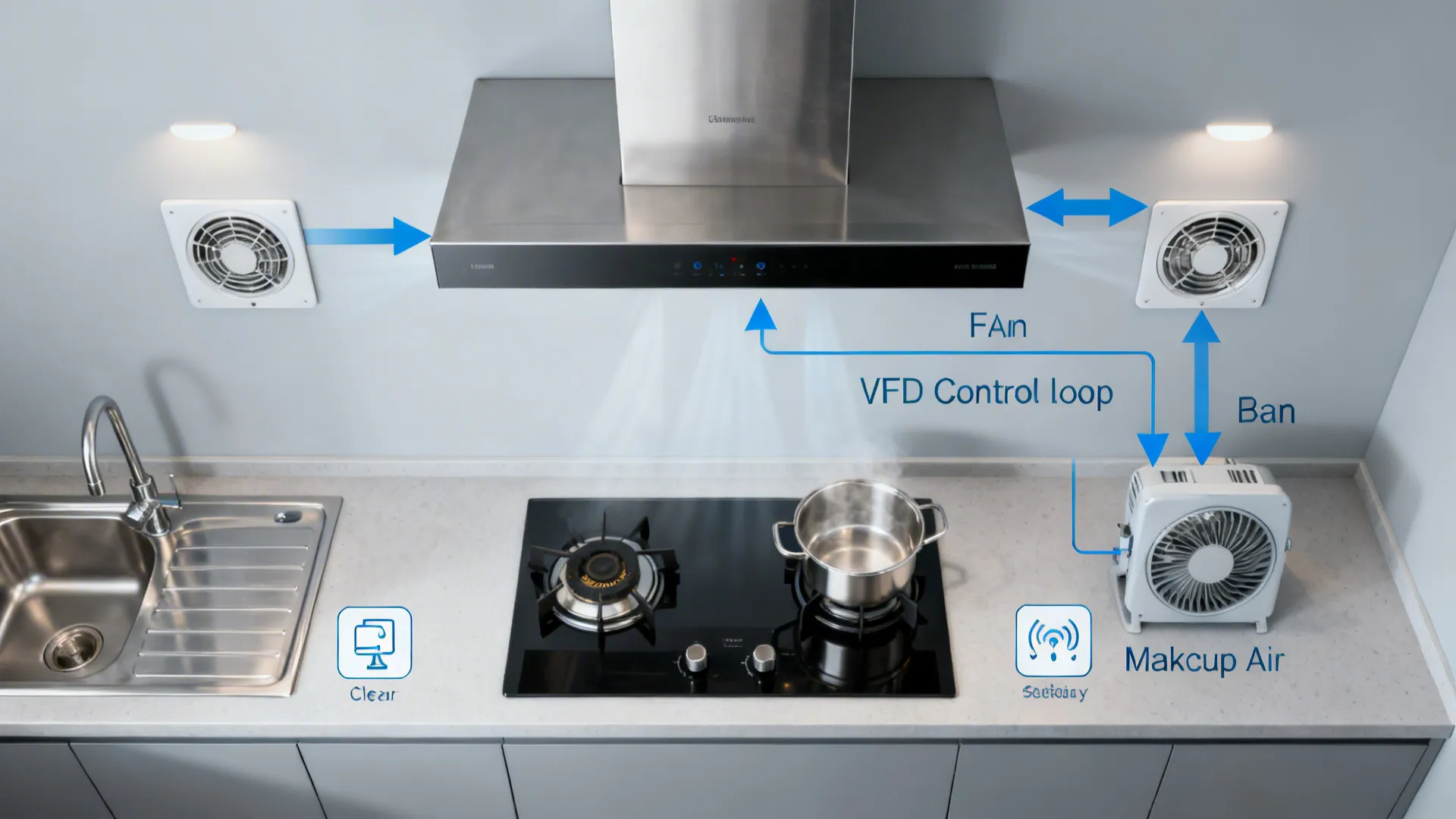 Top-down airflow concept showing hood sensors modulating exhaust fan and makeup air supply.