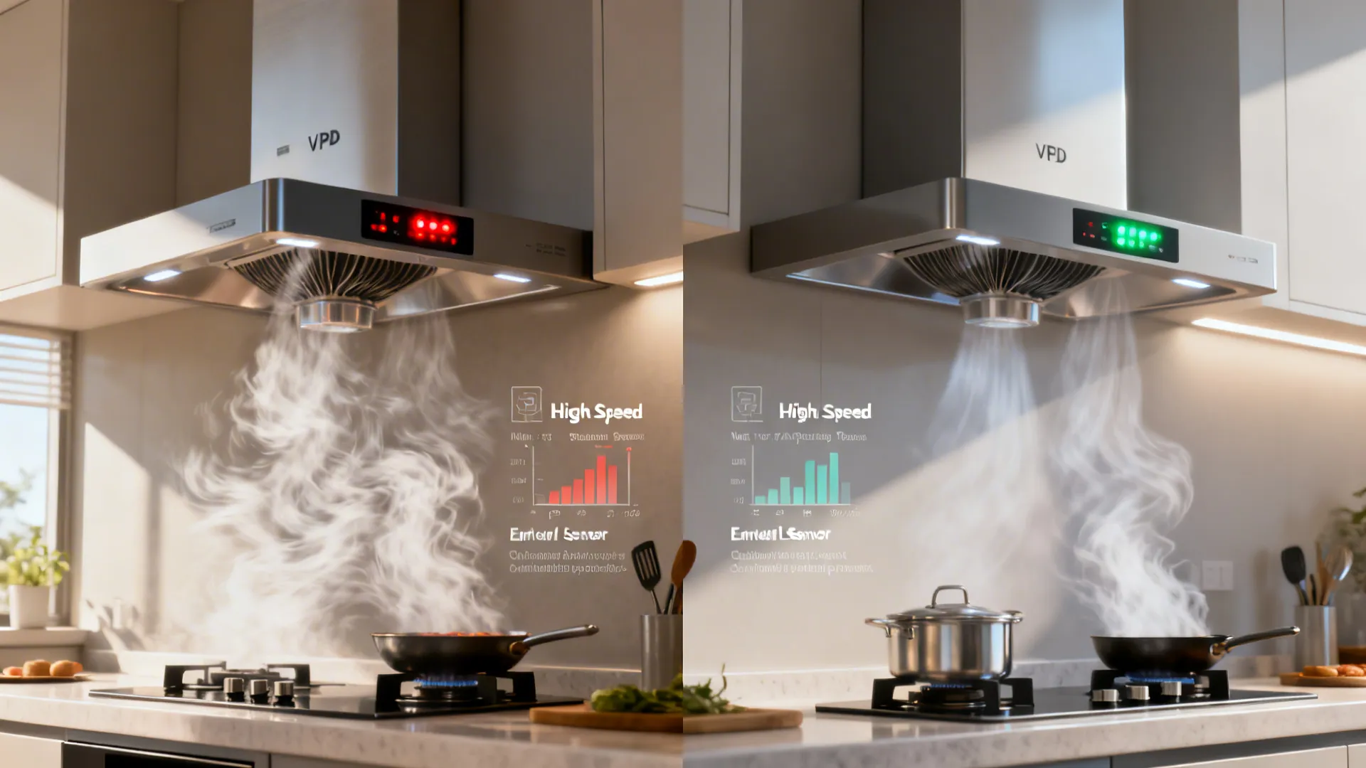 Before-and-after scene comparing fixed-speed and demand-controlled ventilation at a kitchen hood.
