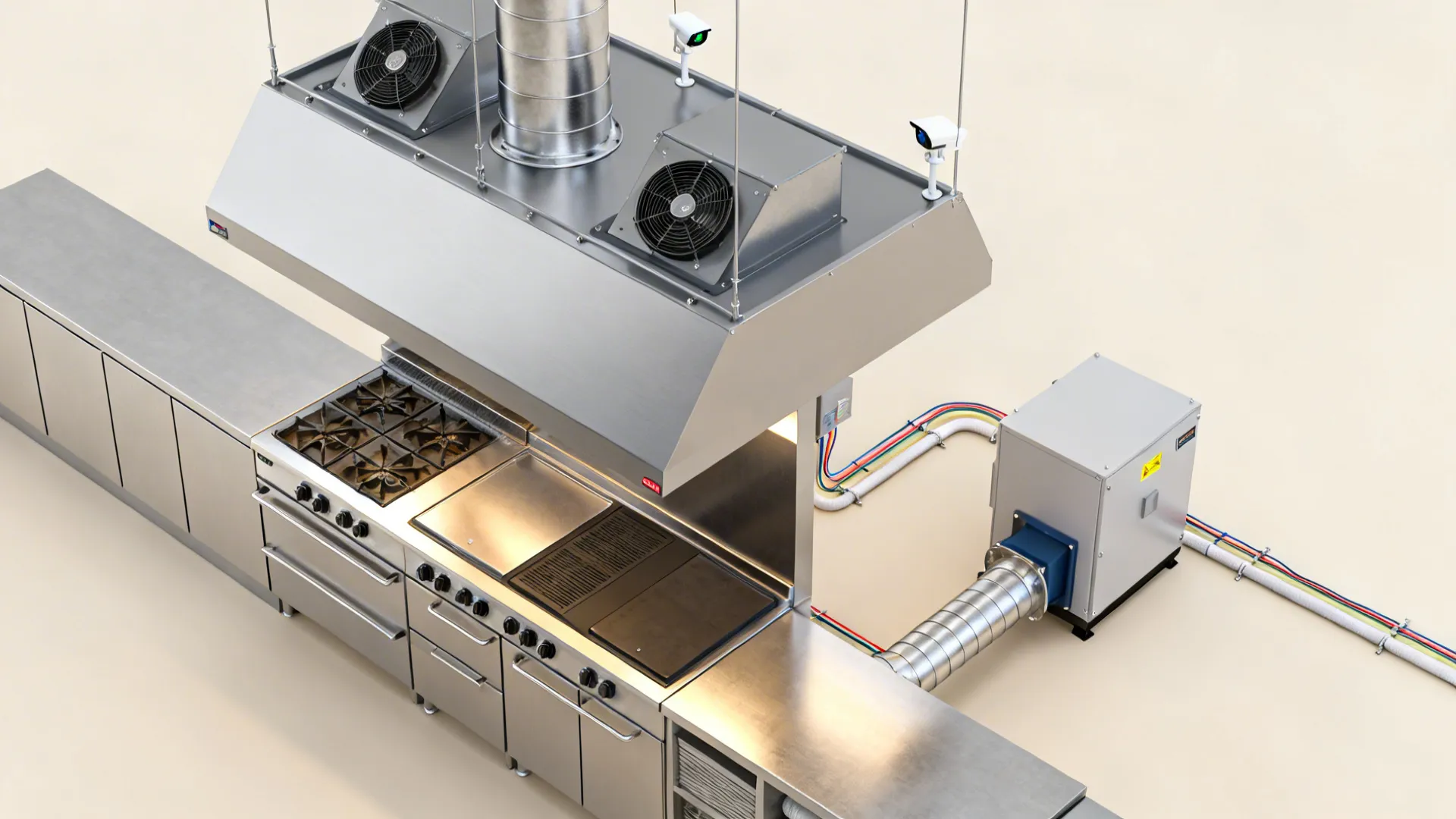 Top-down kitchen layout showing hood, sensors, variable fans, and a compact energy recovery unit.