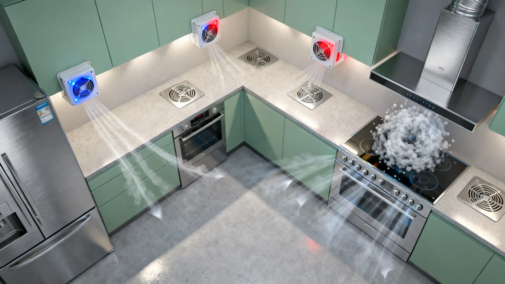 Top-down view of compact kitchen with DCV sensors and zoned supply diffusers managing airflow.