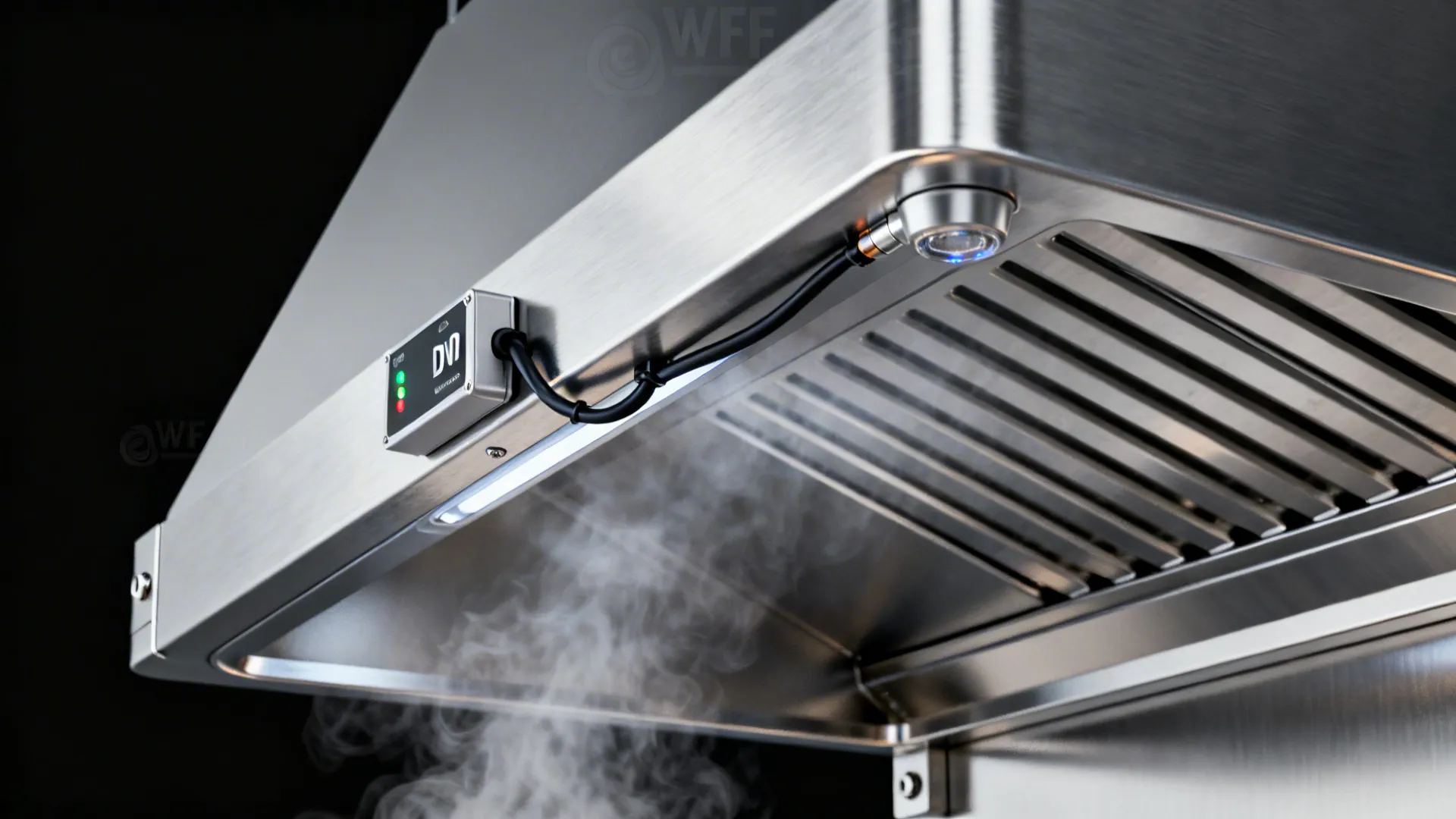 Close-up of a hood-mounted temperature and optical sensor connected to a compact VFD control.