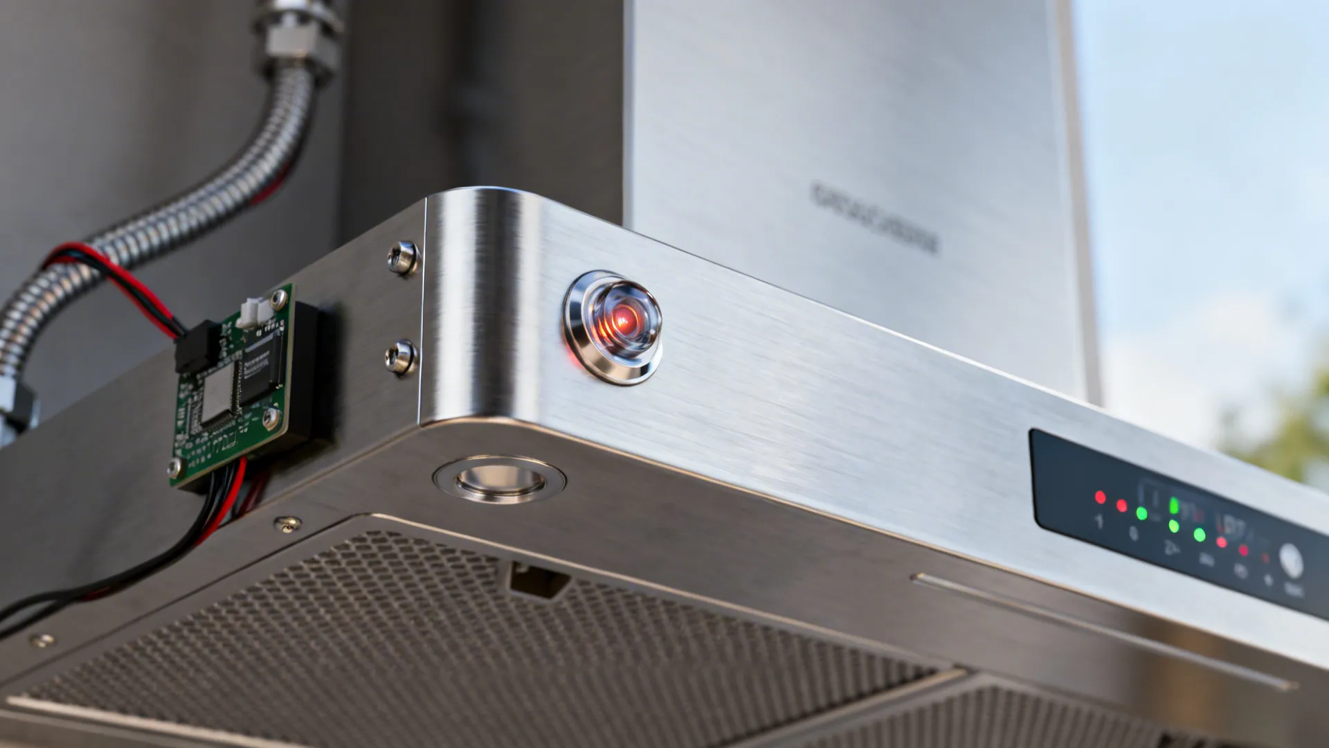 Macro of a hood thermal sensor and VFD module with brushed stainless textures.