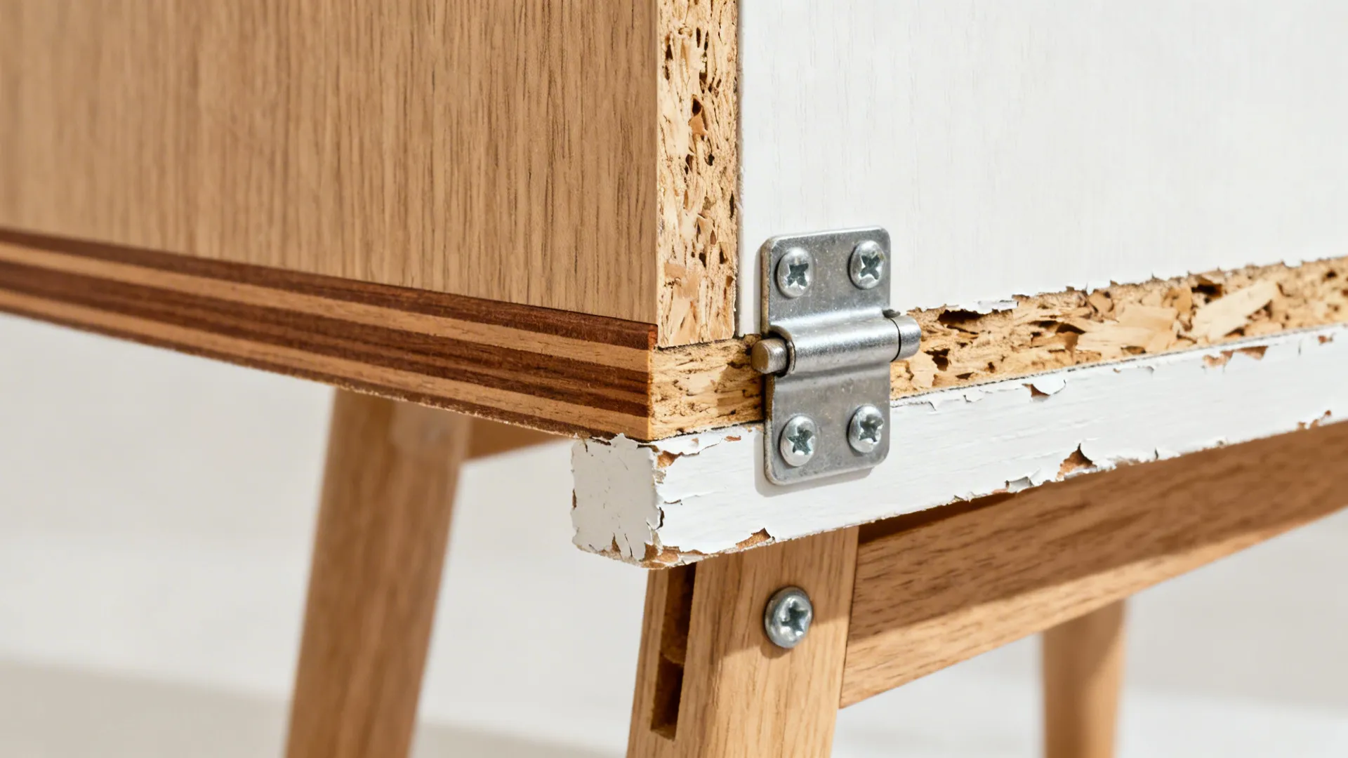 Close-up showing clean edge banding and robust hinge compared with a chipped particleboard edge.