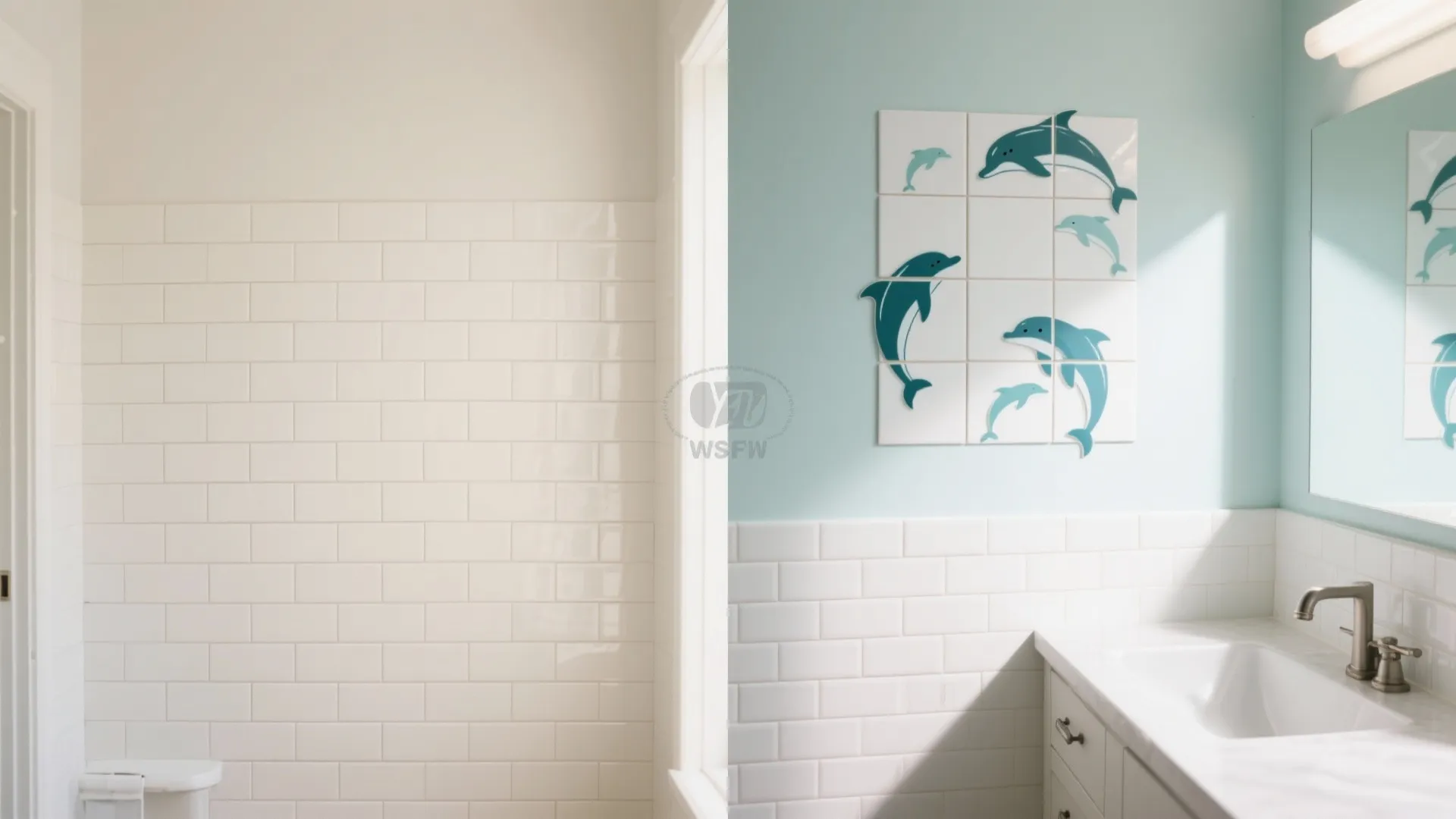 Before and after comparison of plain white wall tiles versus new blue dolphin wall stickers