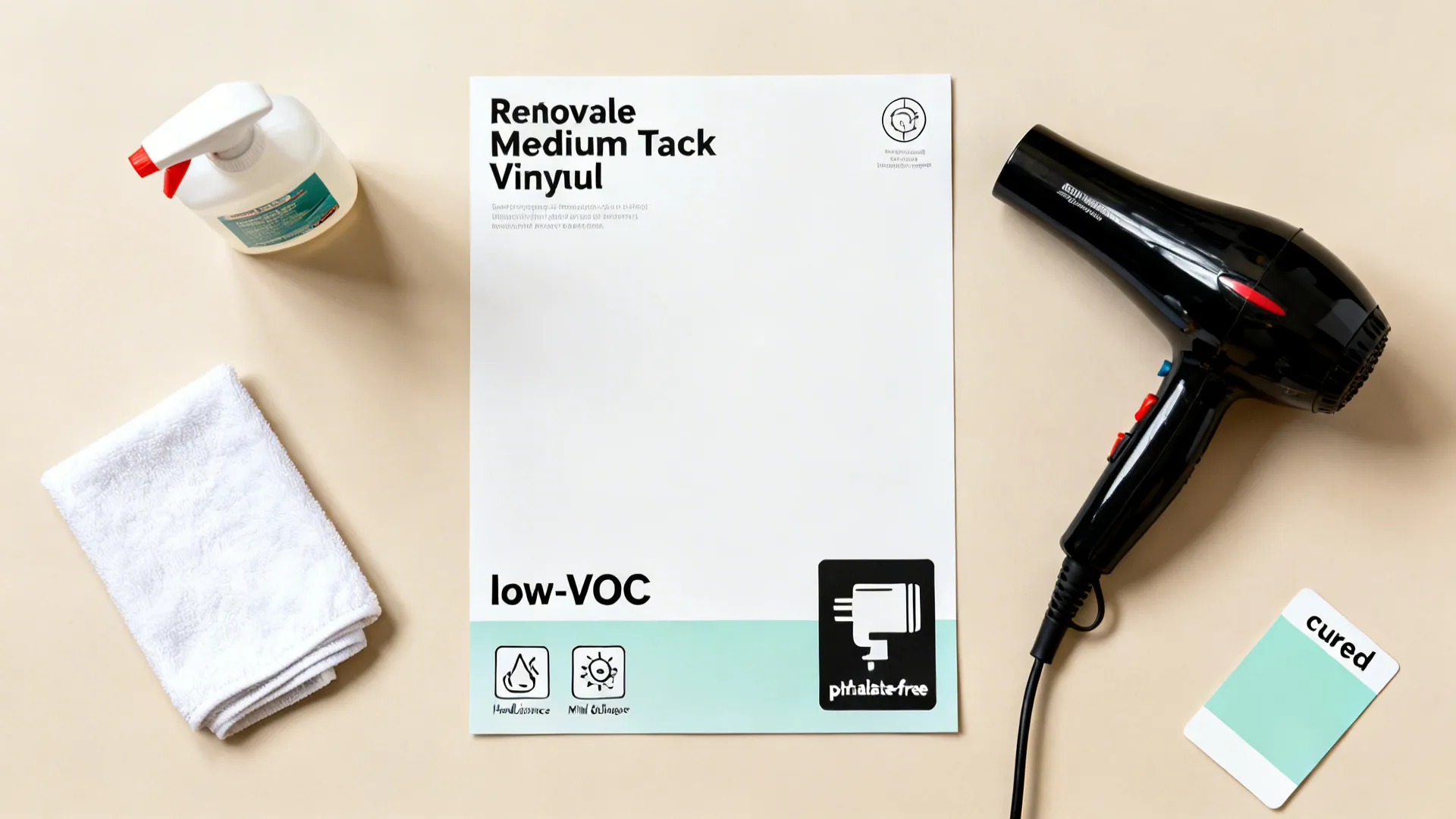 Flat lay of removable vinyl sheets, mild cleaner, soft cloth, and a hairdryer for safe decal care.