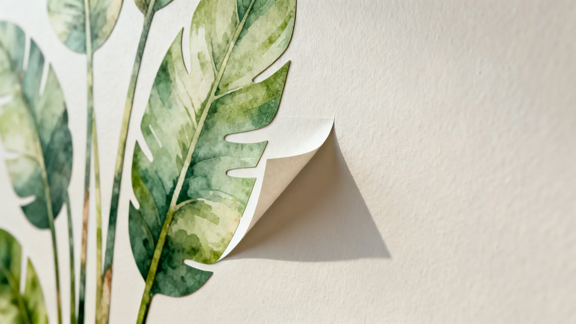 Macro of a matte botanical decal edge on a smooth wall under soft daylight.