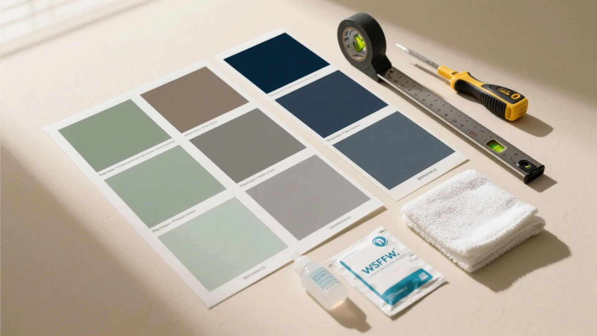 Color swatches next to a measuring tape level screwdriver white towel and small liquid bottle