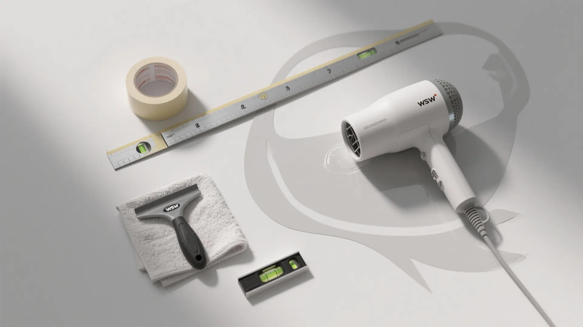 DIY wall decal installation tools including hair dryer tape scraper level ruler and a clean cloth