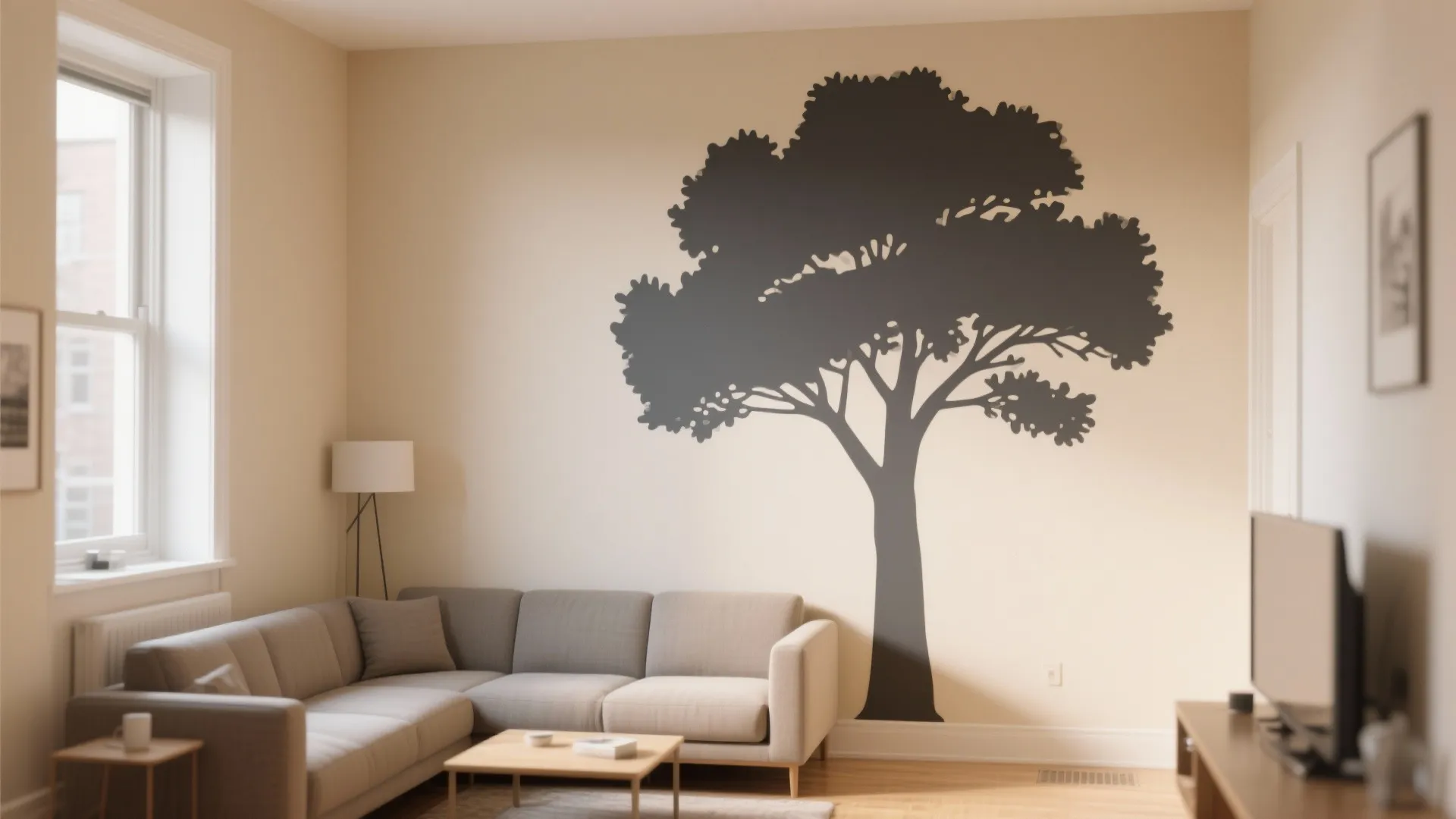 Living room featuring large black tree wall decal, grey sofa, wooden coffee table, and window