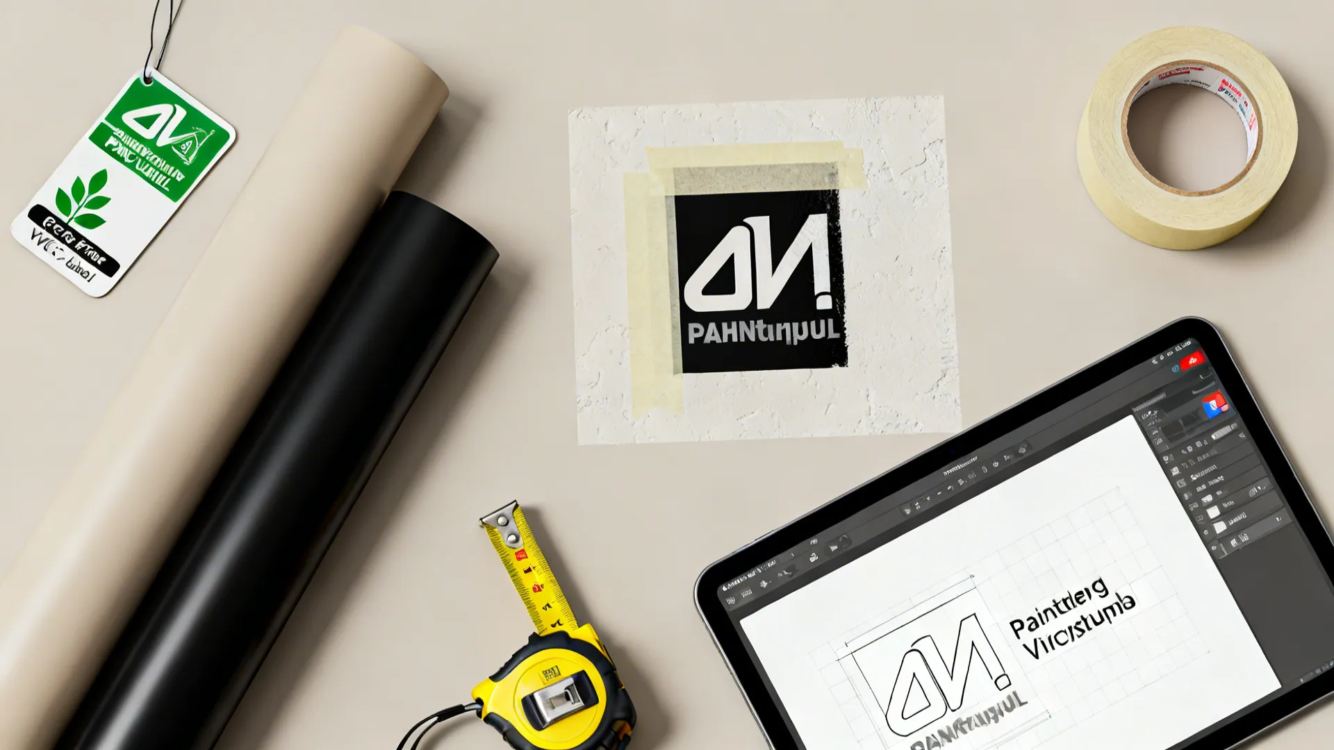 Top view of interior design tools including tape measure rolls of paper and digital tablet screen