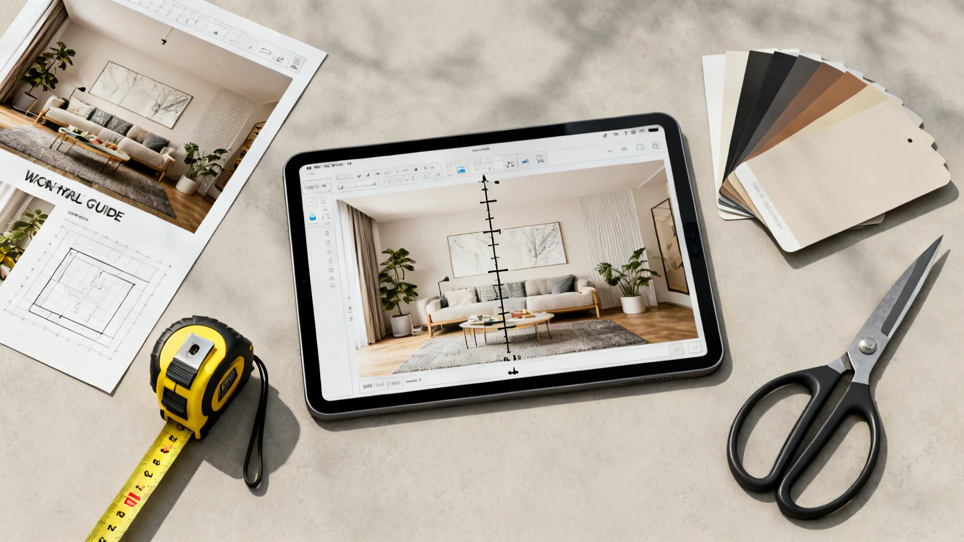 Flatlay of decal planning tools including printed guide, tablet mockup, and sample swatches.