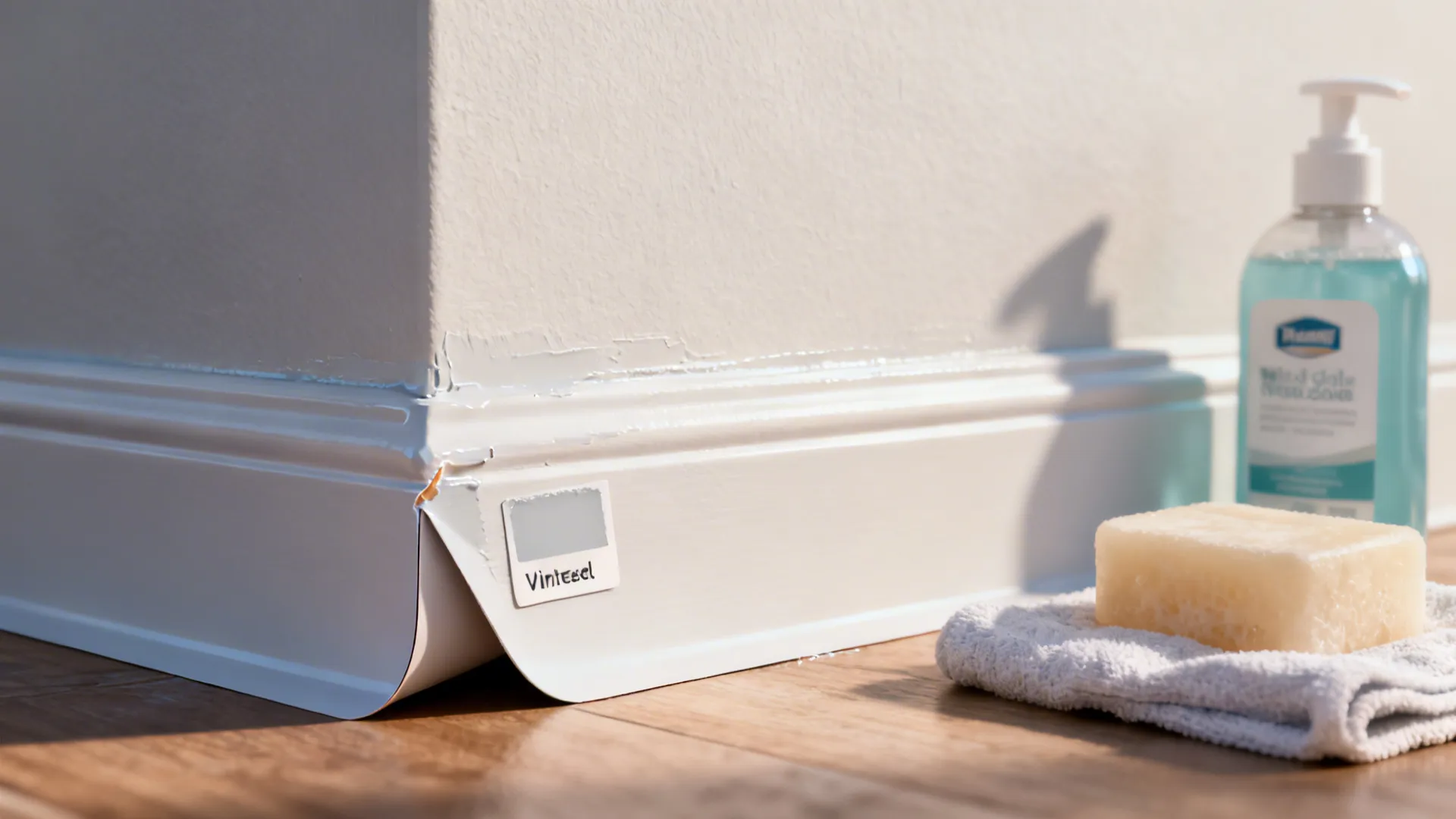 Close-up of a peel-and-stick decal test patch showing clean removal on painted wall.