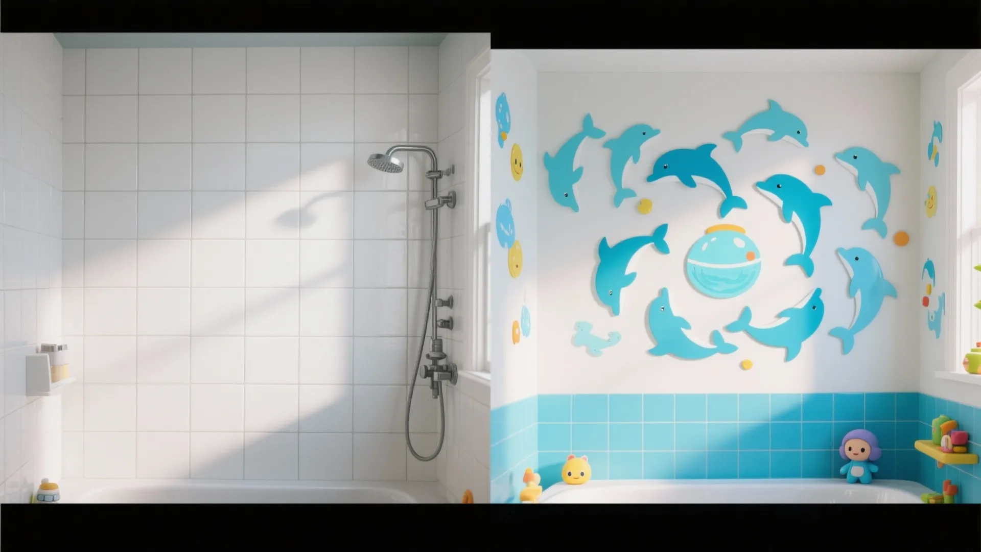 Before and after comparison of plain white bathroom tiles versus colorful blue dolphin wall stickers