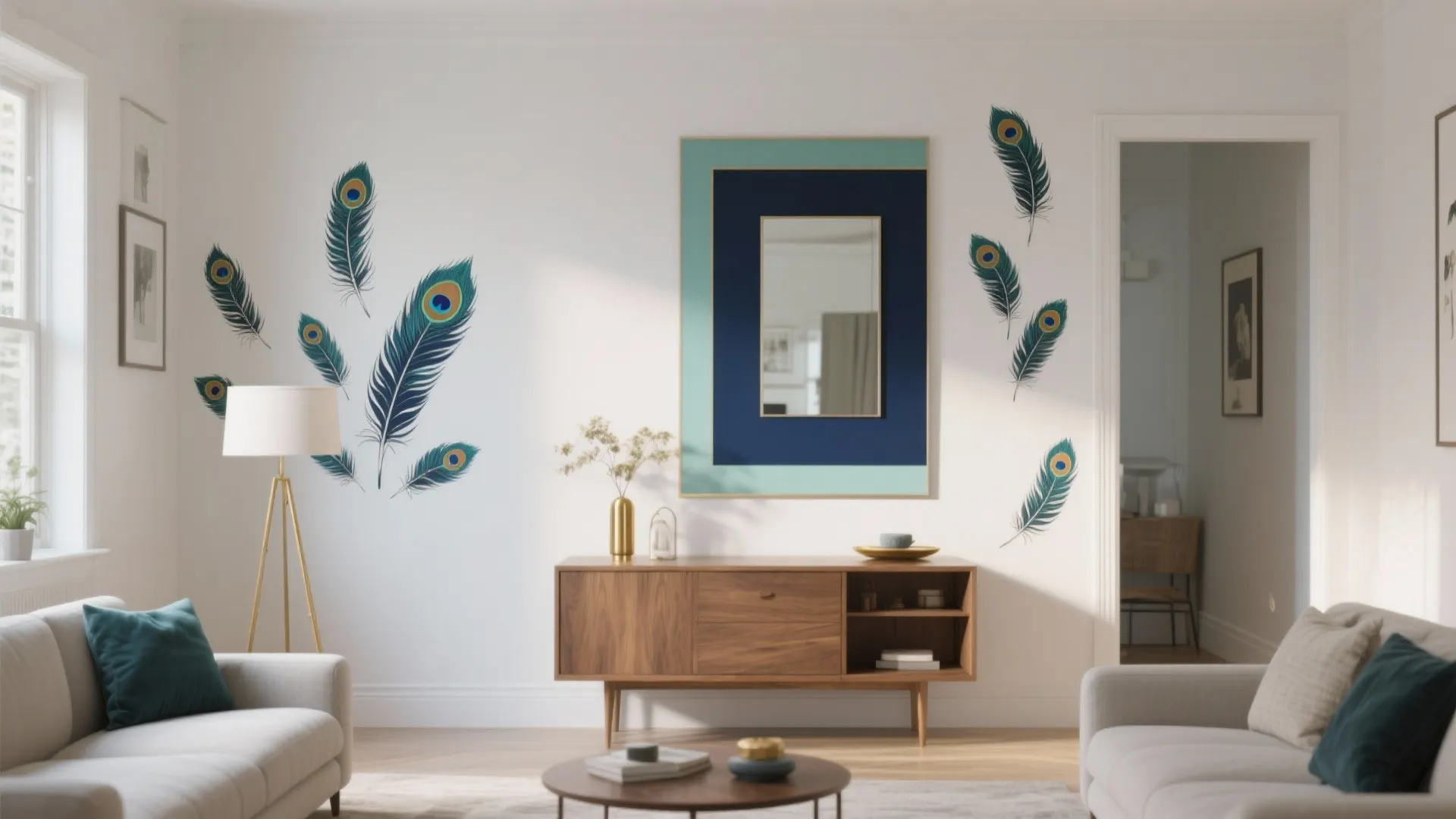 Modern living room featuring peacock feather wall stickers a wooden cabinet and two grey sofas