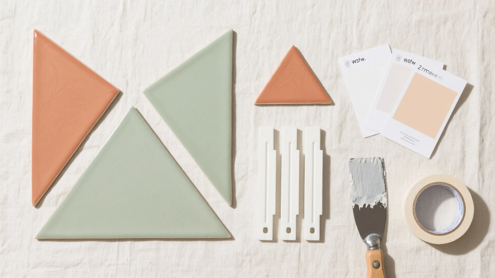 Flat lay of colorful triangle tiles with paint scrapers and tape on a white cloth